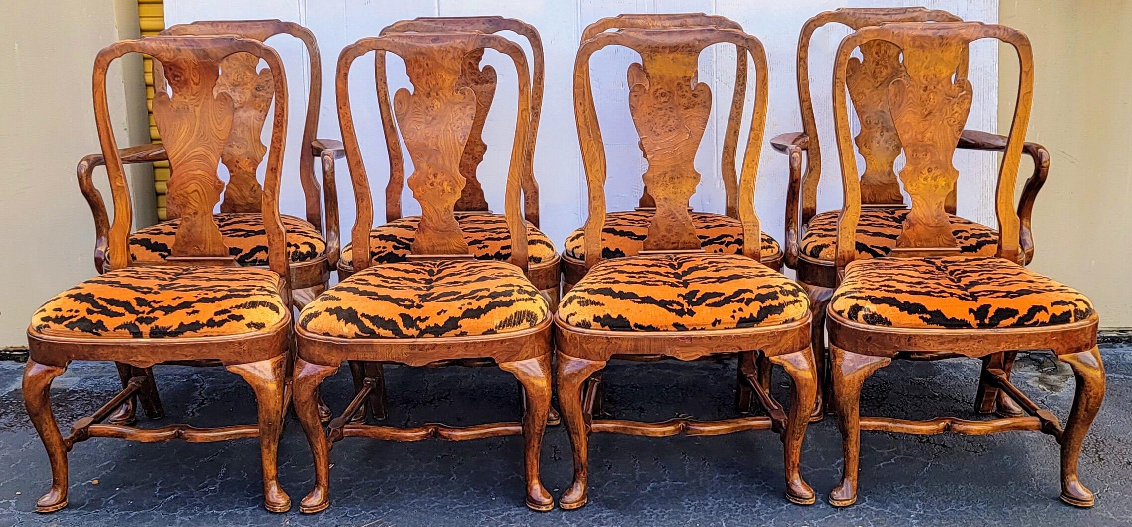 These are stunning. This offering is an early 20th century English Georgian style burl walnut in vintage tiger velvet. There are two arms and six sides. The fabric is purported to be Scalamandre. It does show some lite wear. The frames are being
