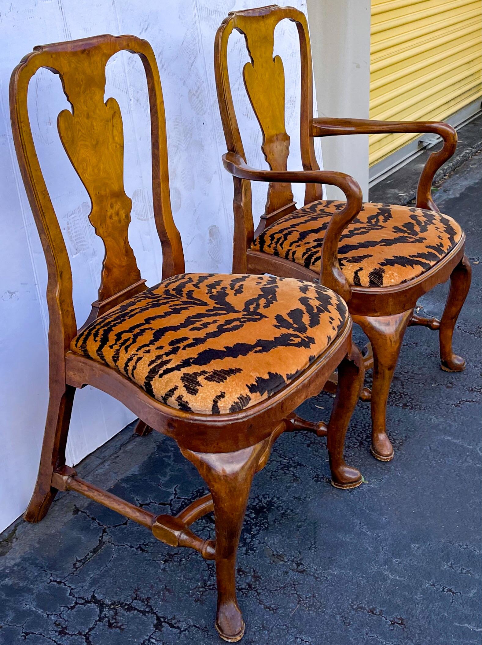 20th Century English Georgian Style Burl Walnut Dining Chairs in Vintage Tiger Velvet, S/8