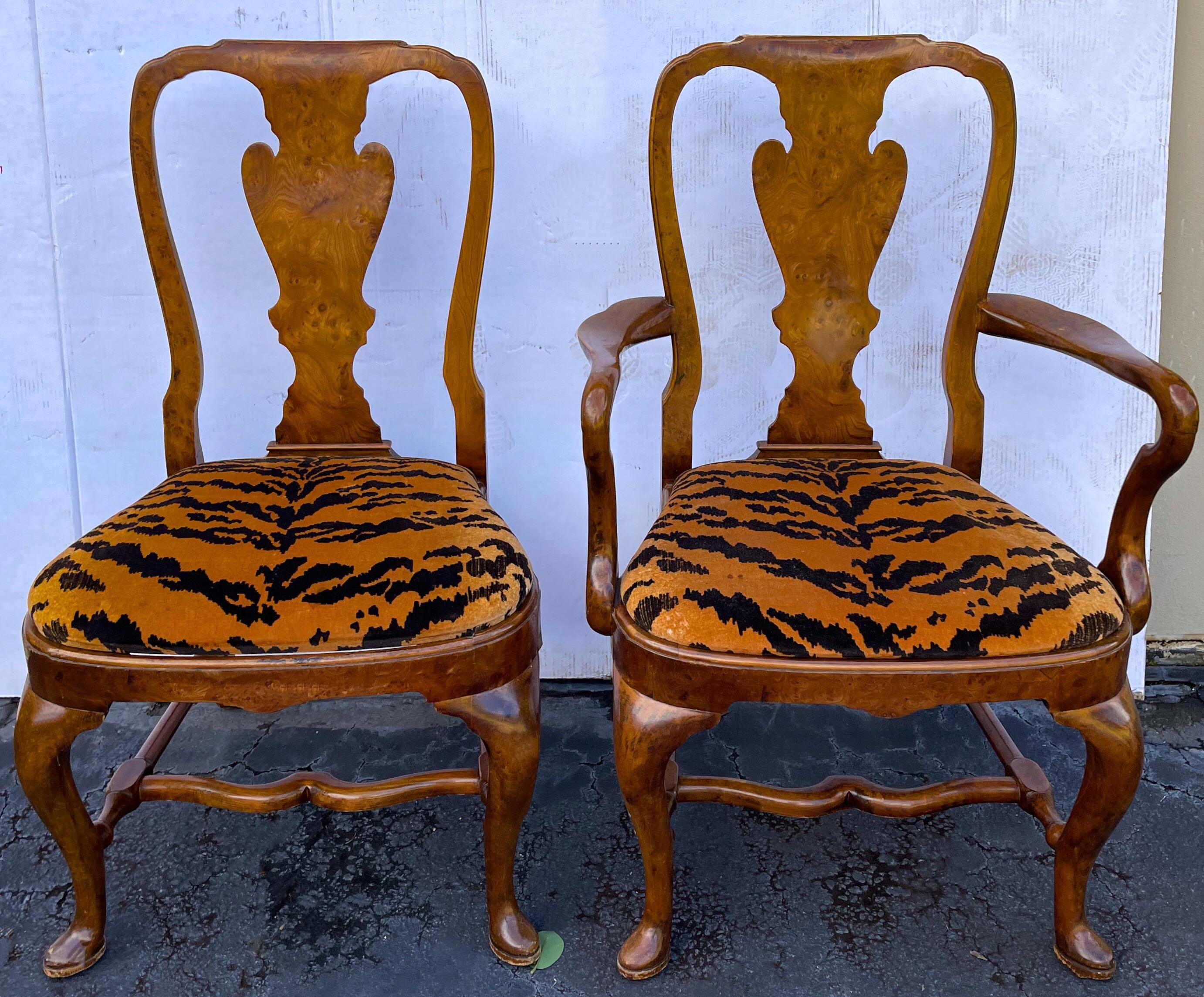 English Georgian Style Burl Walnut Dining Chairs in Vintage Tiger Velvet, S/8 1