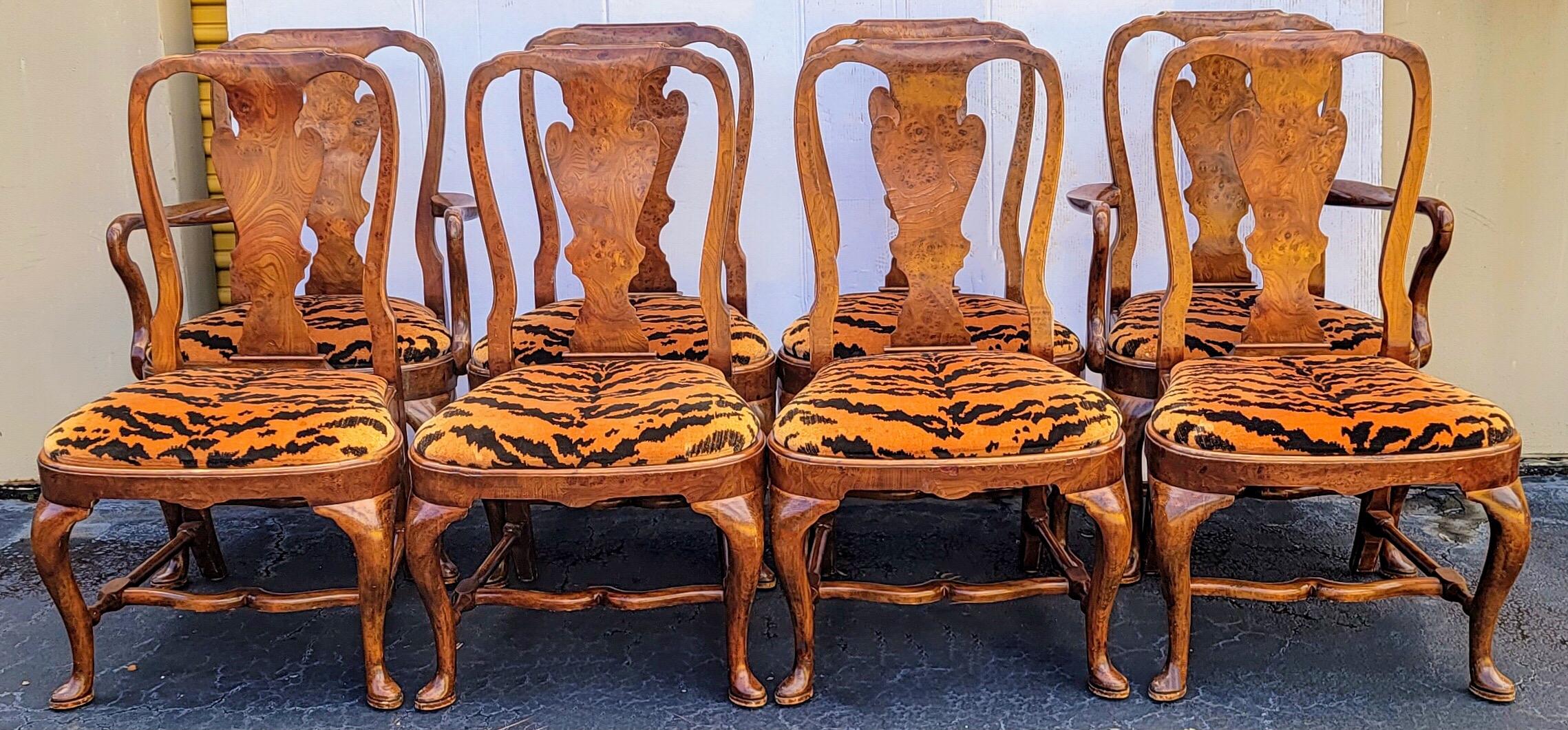 English Georgian Style Burl Walnut Dining Chairs in Vintage Tiger Velvet, S/8 2