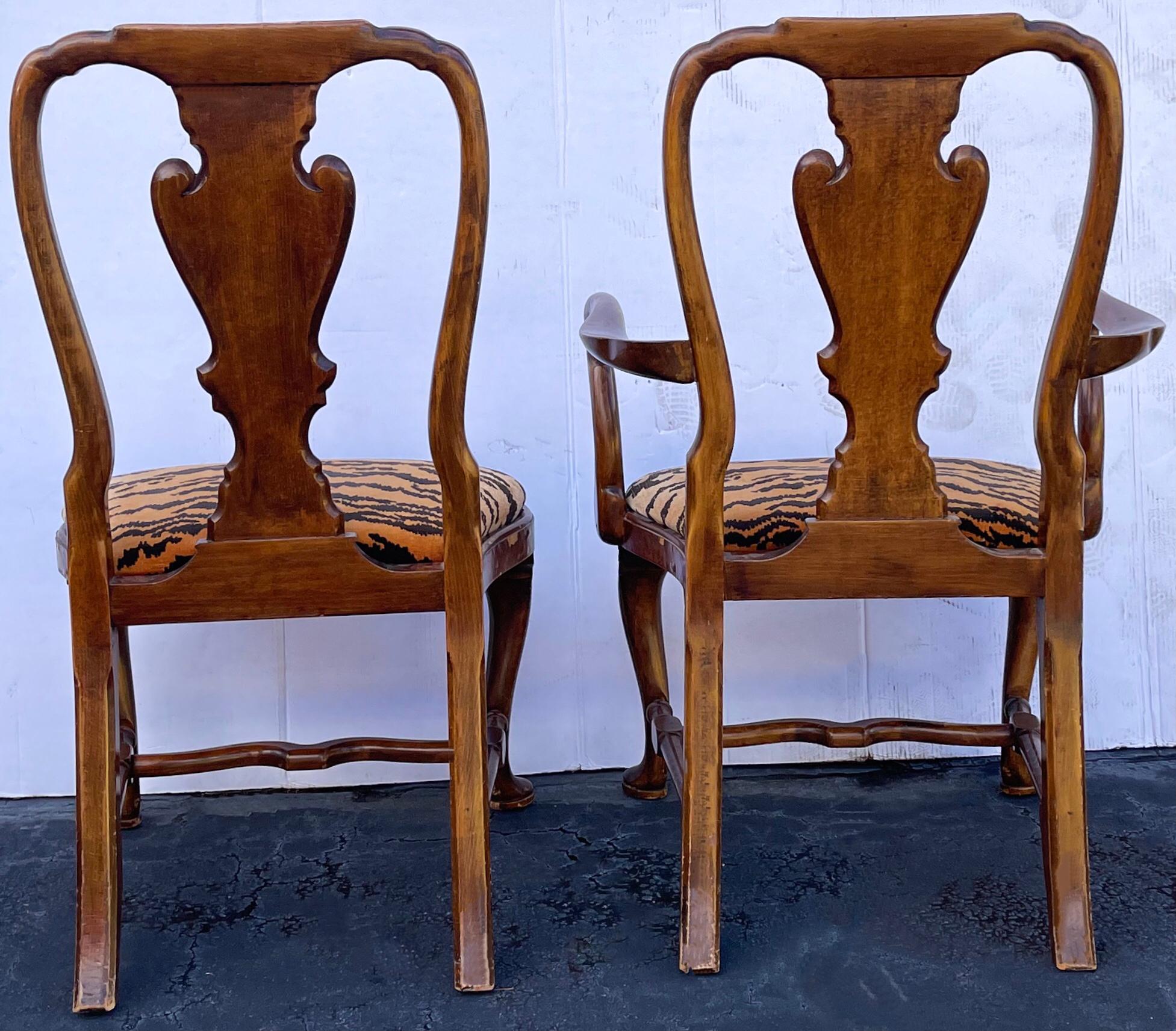 English Georgian Style Burl Walnut Dining Chairs in Vintage Tiger Velvet, S/8 3