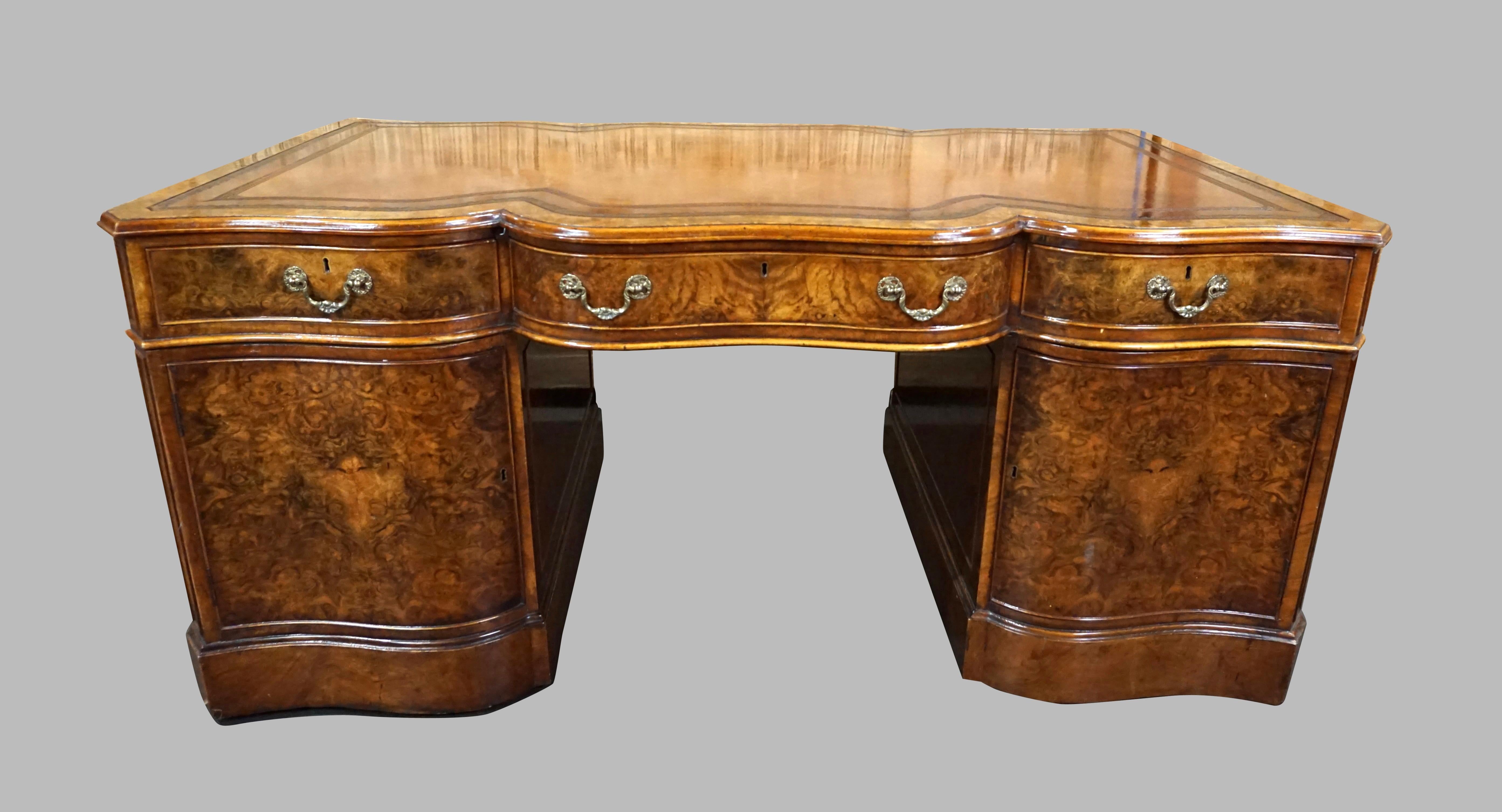20th Century English Georgian Style Burl Walnut Partners Desk with Tooled Brown Leather Top