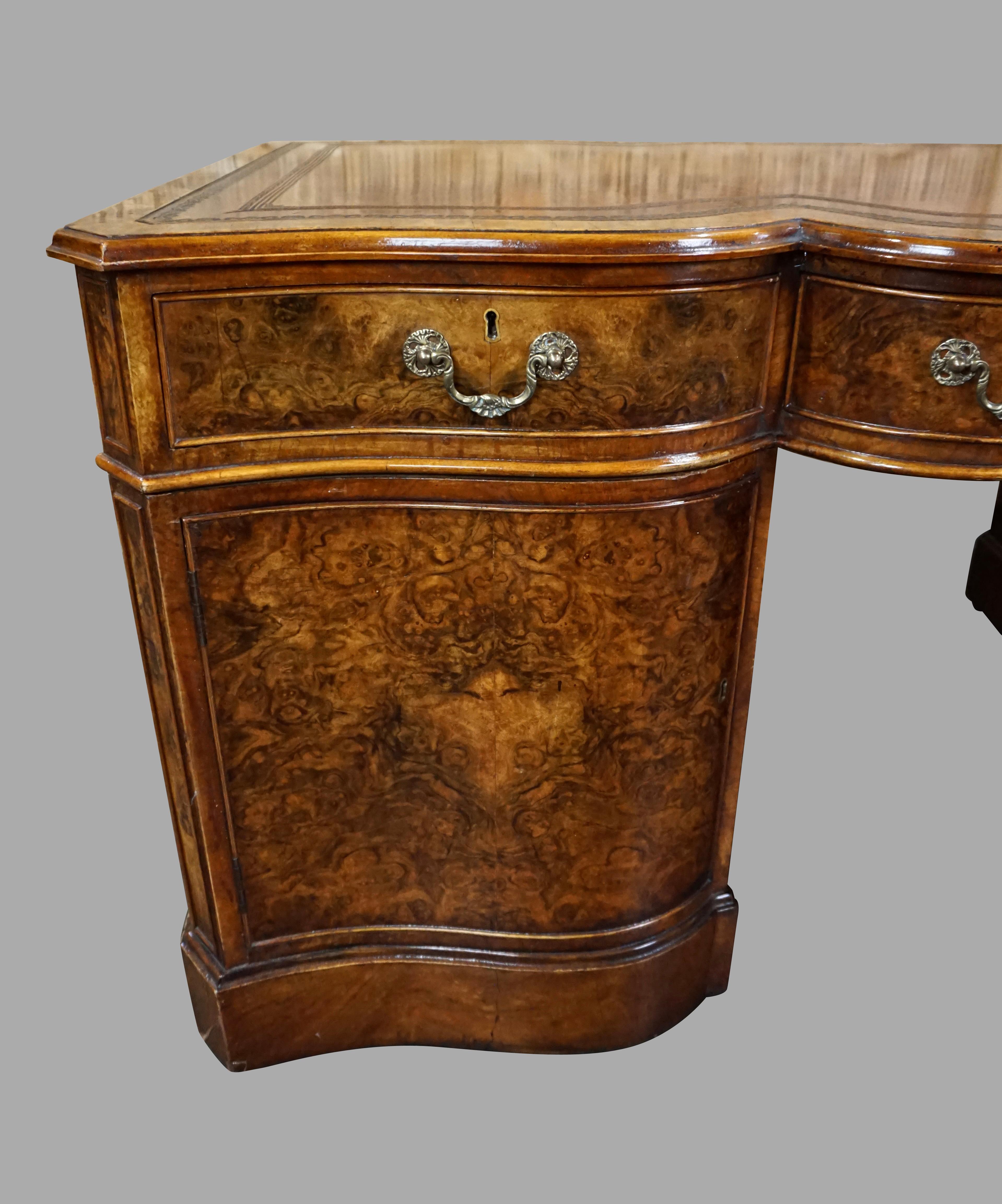English Georgian Style Burl Walnut Partners Desk with Tooled Brown Leather Top 1