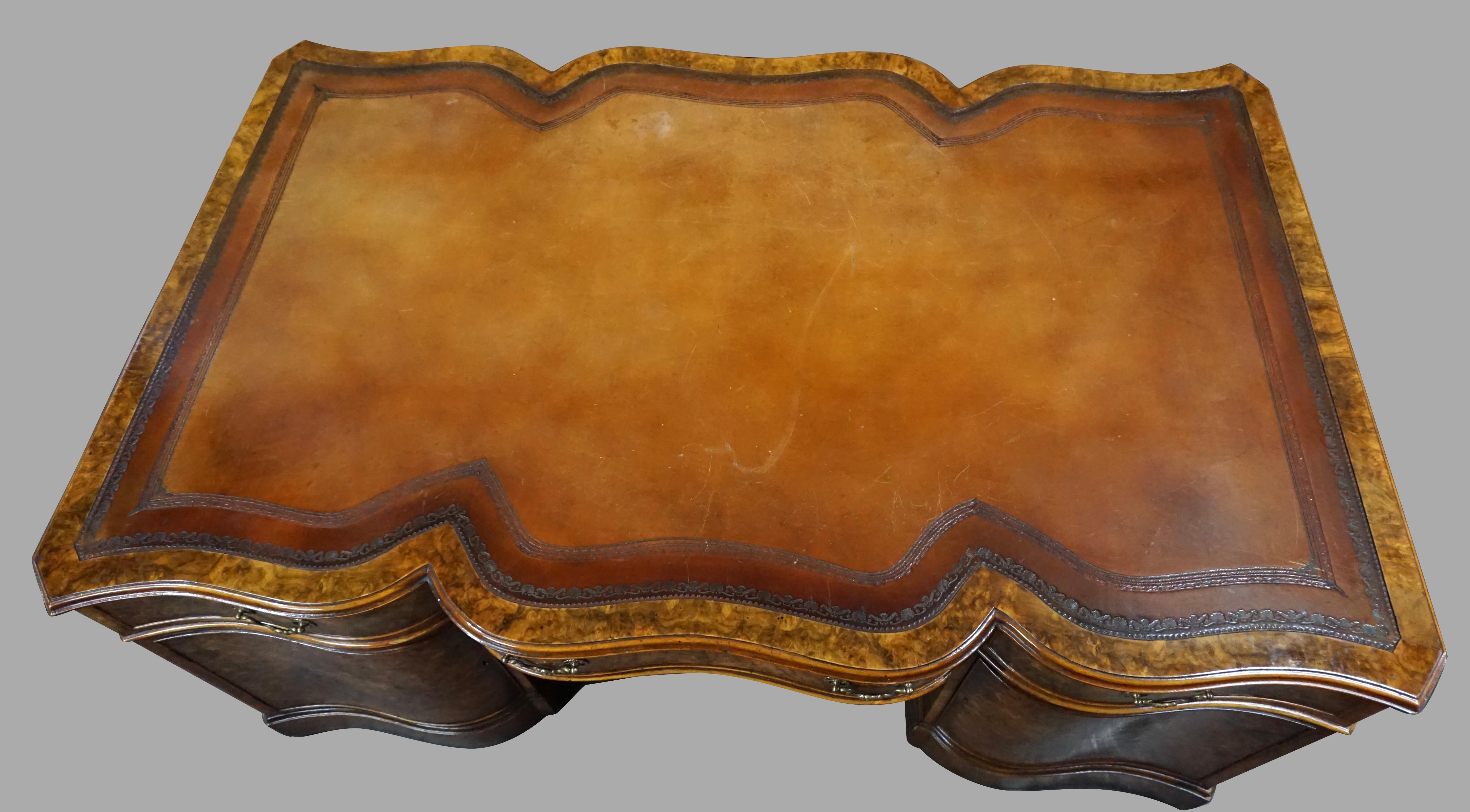 English Georgian Style Burl Walnut Partners Desk with Tooled Brown Leather Top 3