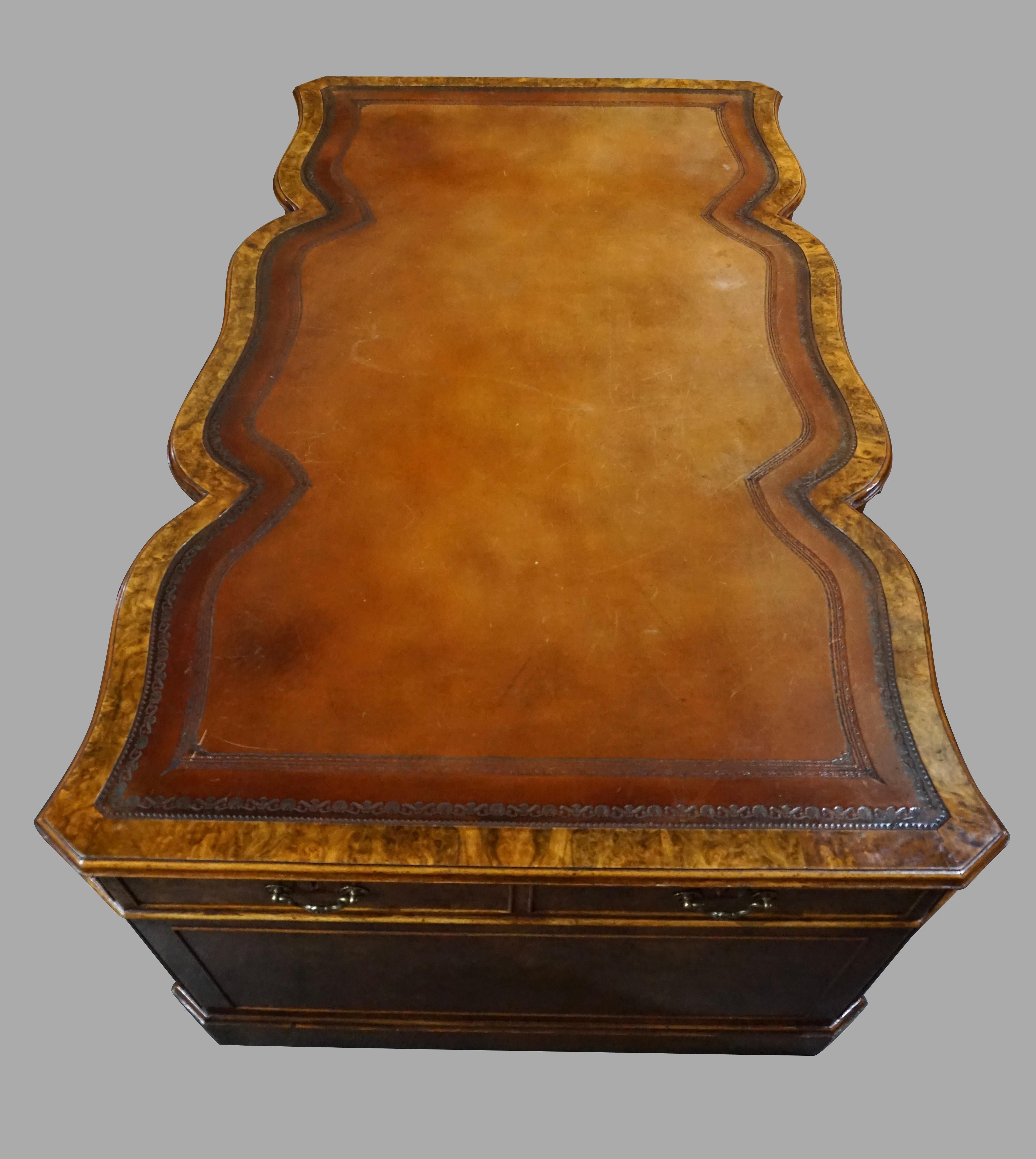 English Georgian Style Burl Walnut Partners Desk with Tooled Brown Leather Top 4