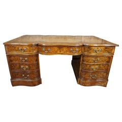 English Georgian Style Burl Walnut Partners Desk with Tooled Brown Leather Top