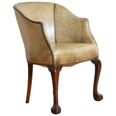 English Georgian Style Carved Walnut and Leather Upholstered Barrel/Desk Chair