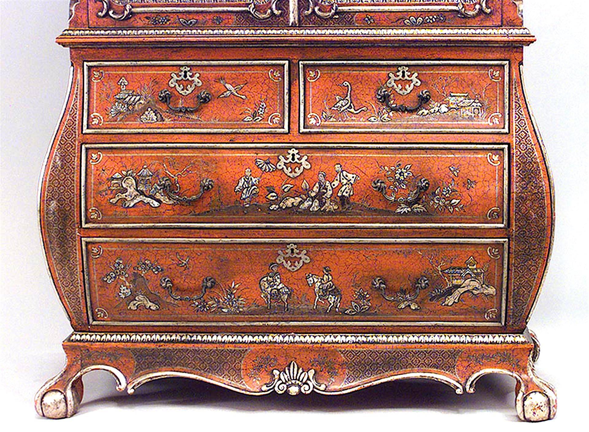 English Georgian-style (19/20th Century) red lacquered chinoiserie design cabinet with bombe shaped base with drawers and 2 glass doors on upper section.
