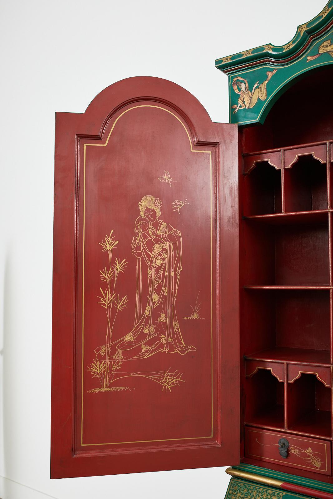 20th Century English Georgian Style Chinoiserie Lacquered Secretary Bookcase
