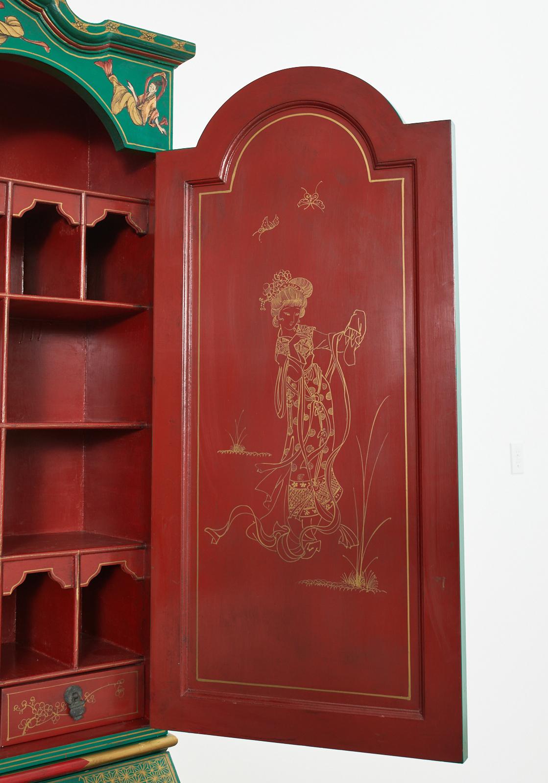 Brass English Georgian Style Chinoiserie Lacquered Secretary Bookcase