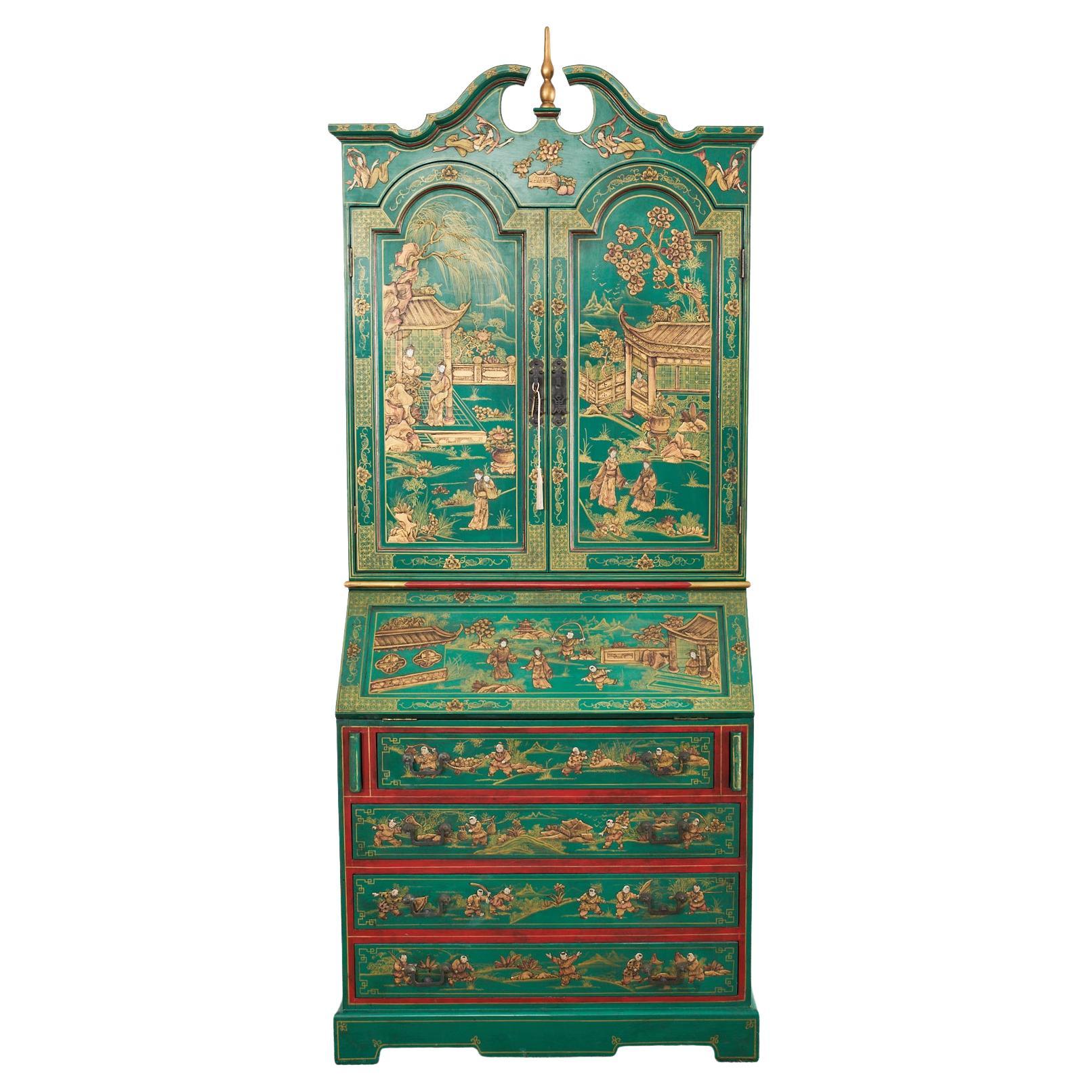English Georgian Style Chinoiserie Lacquered Secretary Bookcase