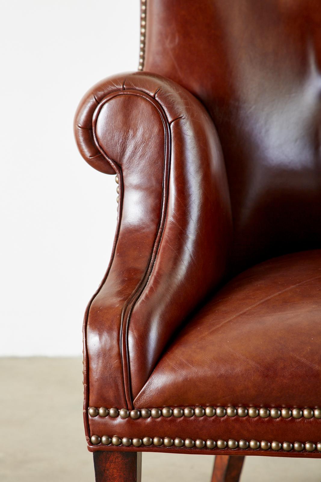 English Georgian Style Cognac Tufted Leather Wingback Chair 4