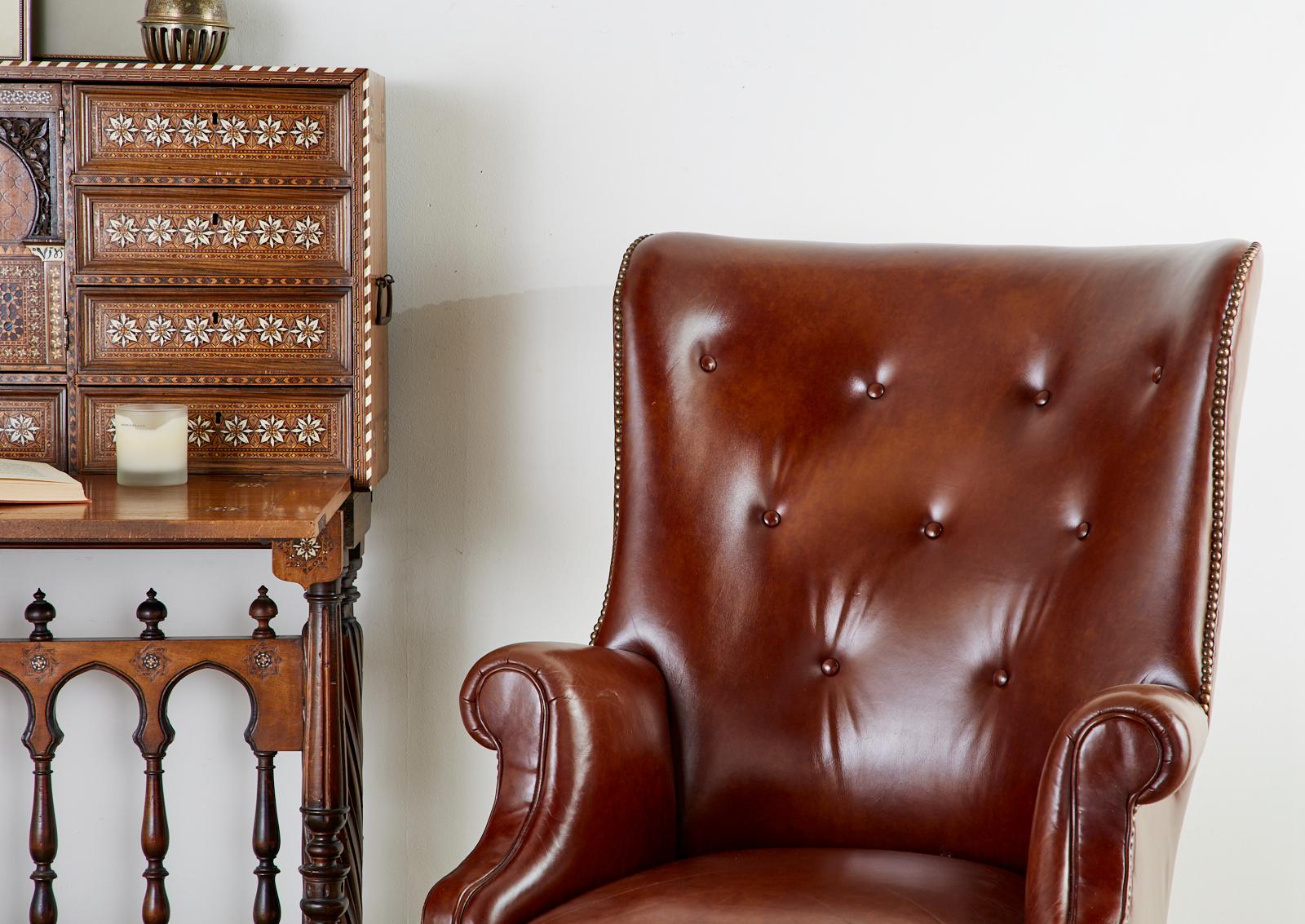 English Georgian Style Cognac Tufted Leather Wingback Chair 7