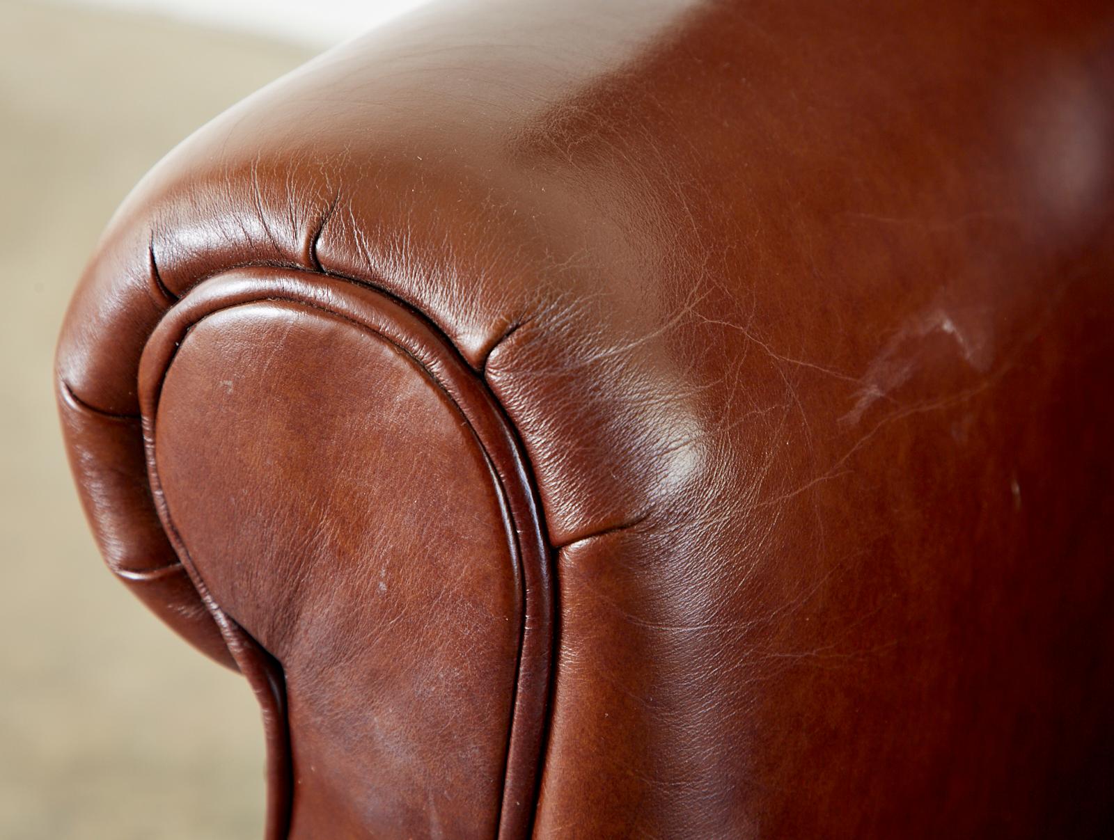 English Georgian Style Cognac Tufted Leather Wingback Chair 9