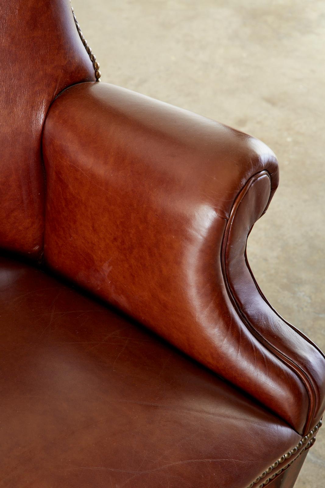English Georgian Style Cognac Tufted Leather Wingback Chair 11