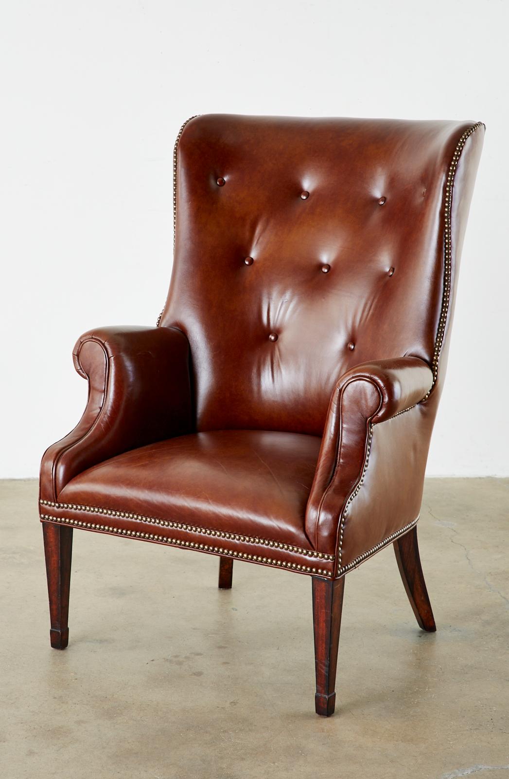 American English Georgian Style Cognac Tufted Leather Wingback Chair
