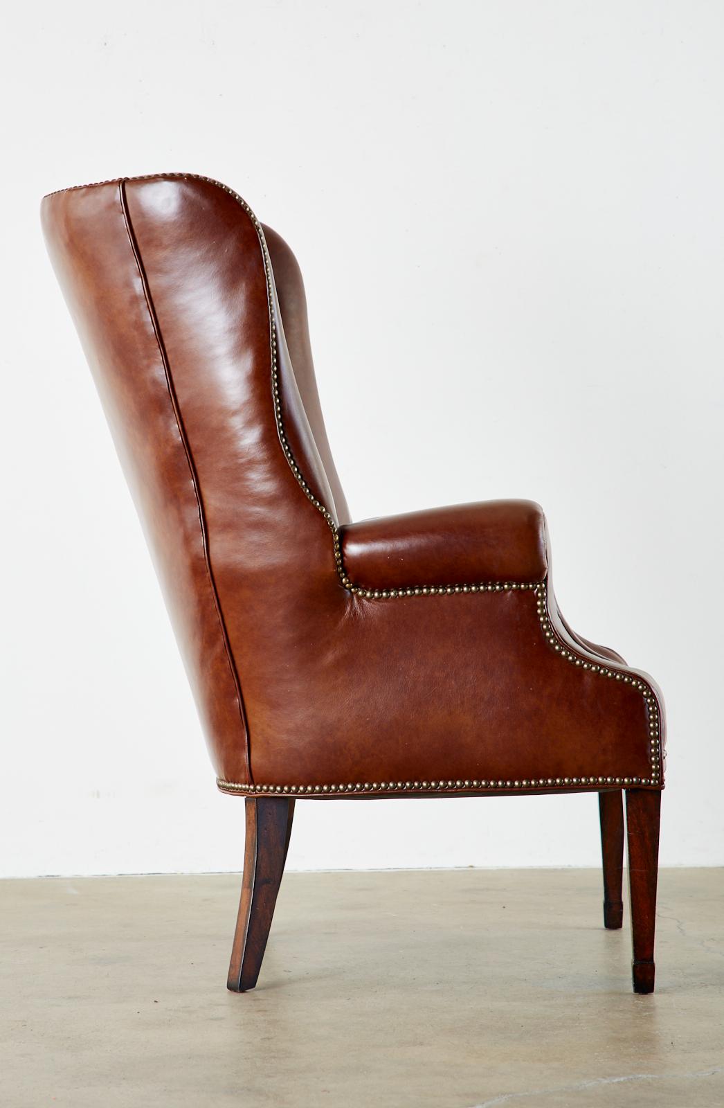 English Georgian Style Cognac Tufted Leather Wingback Chair In Good Condition In Rio Vista, CA