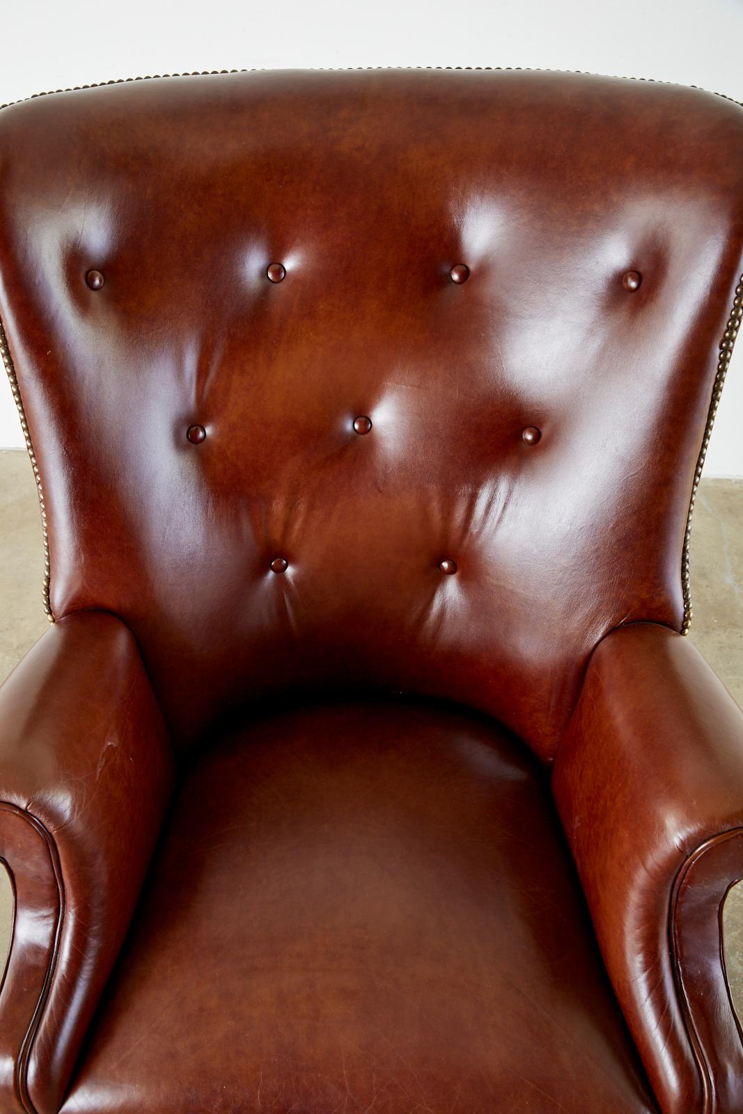 20th Century English Georgian Style Cognac Tufted Leather Wingback Chair