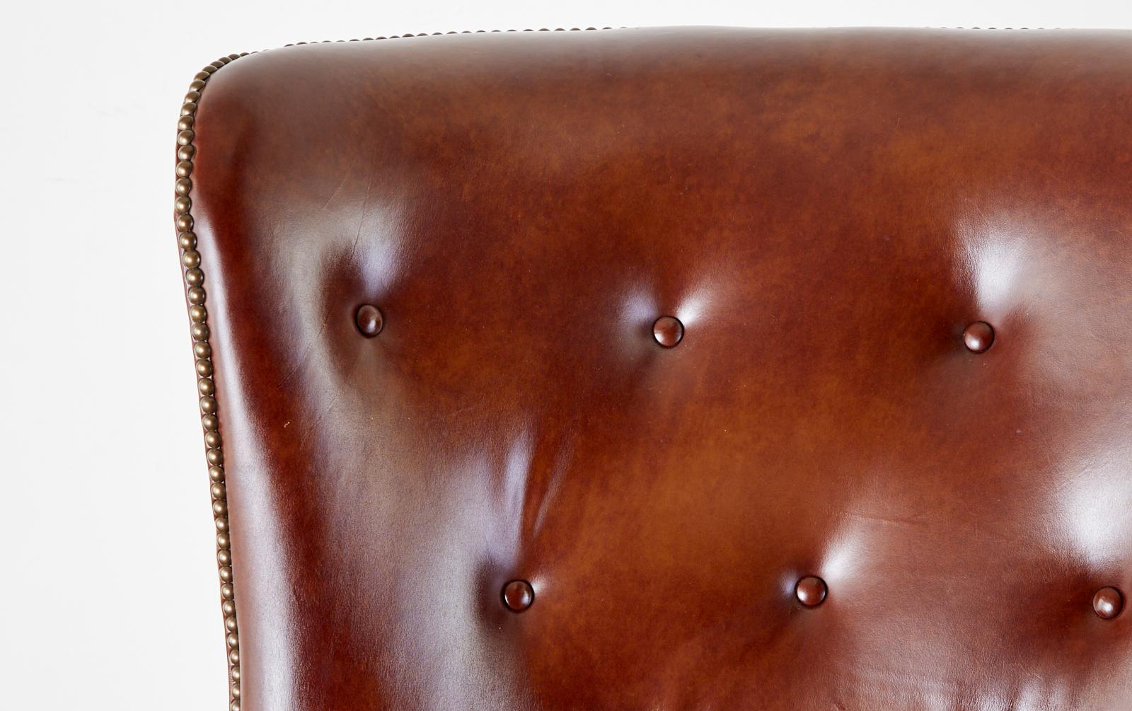 Brass English Georgian Style Cognac Tufted Leather Wingback Chair