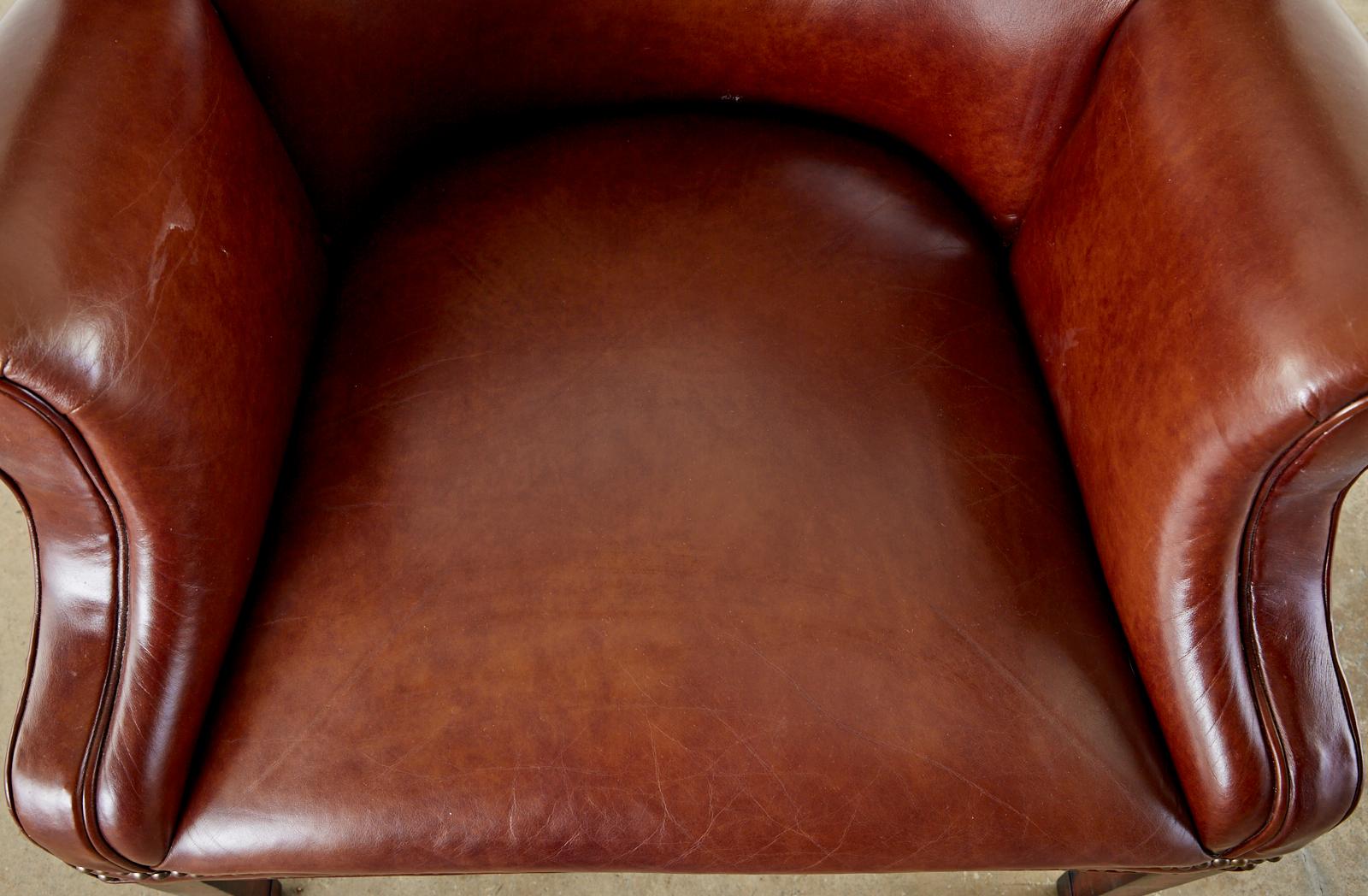 English Georgian Style Cognac Tufted Leather Wingback Chair 1
