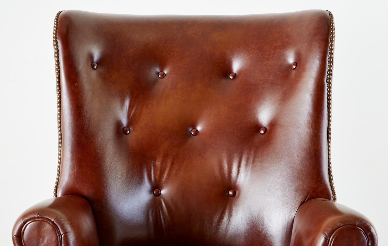 English Georgian Style Cognac Tufted Leather Wingback Chair 2