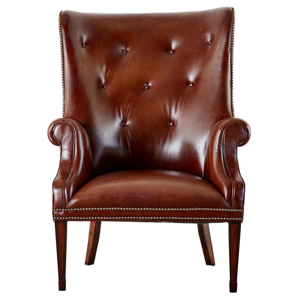 English Georgian Style Cognac Tufted Leather Wingback Chair