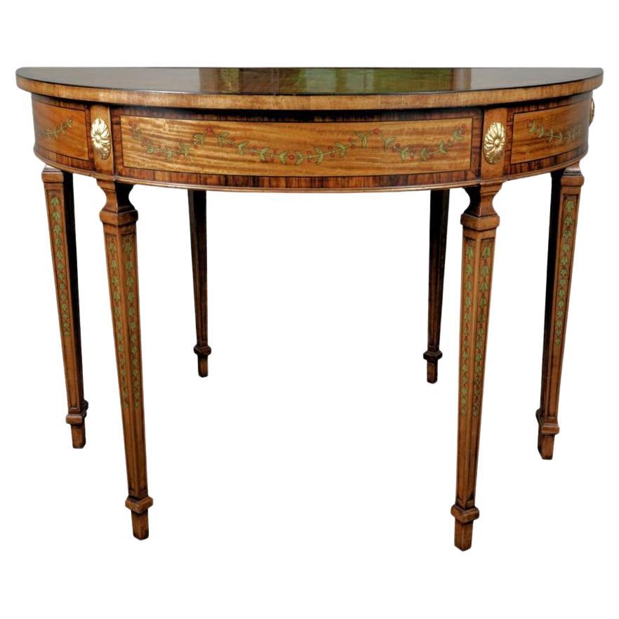 English Georgian Style Demilune Console Table with Fine Marquetry Inlay