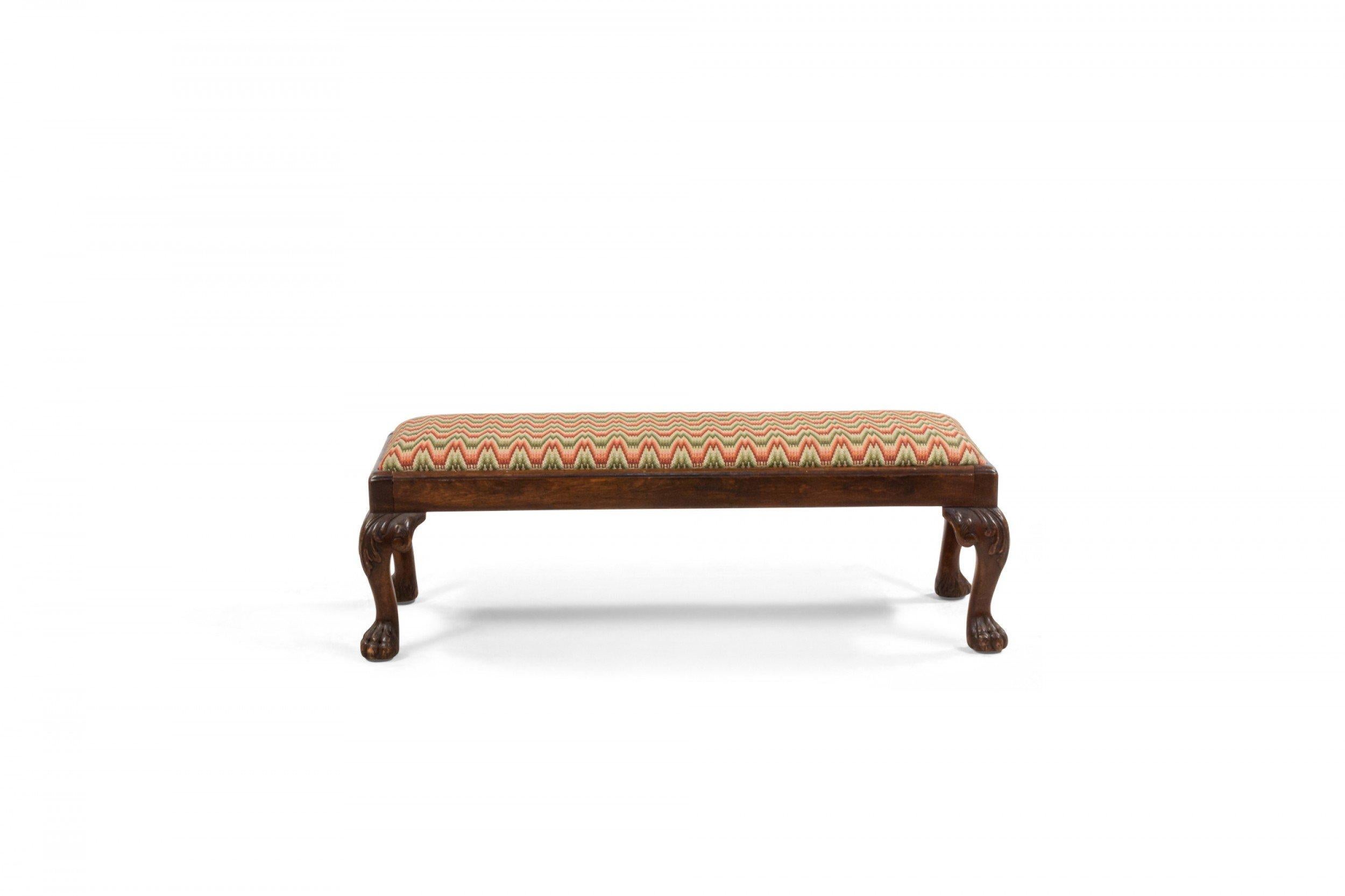 19th Century English Georgian style low mahogany bench with carved cabriole legs and a bargello needlepoint upholstered top.