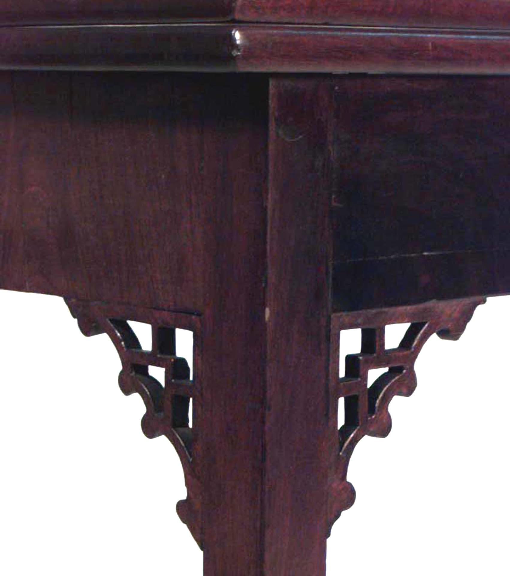 English Georgian-style (19th Century) mahogany flip top console table with lattice corners.
