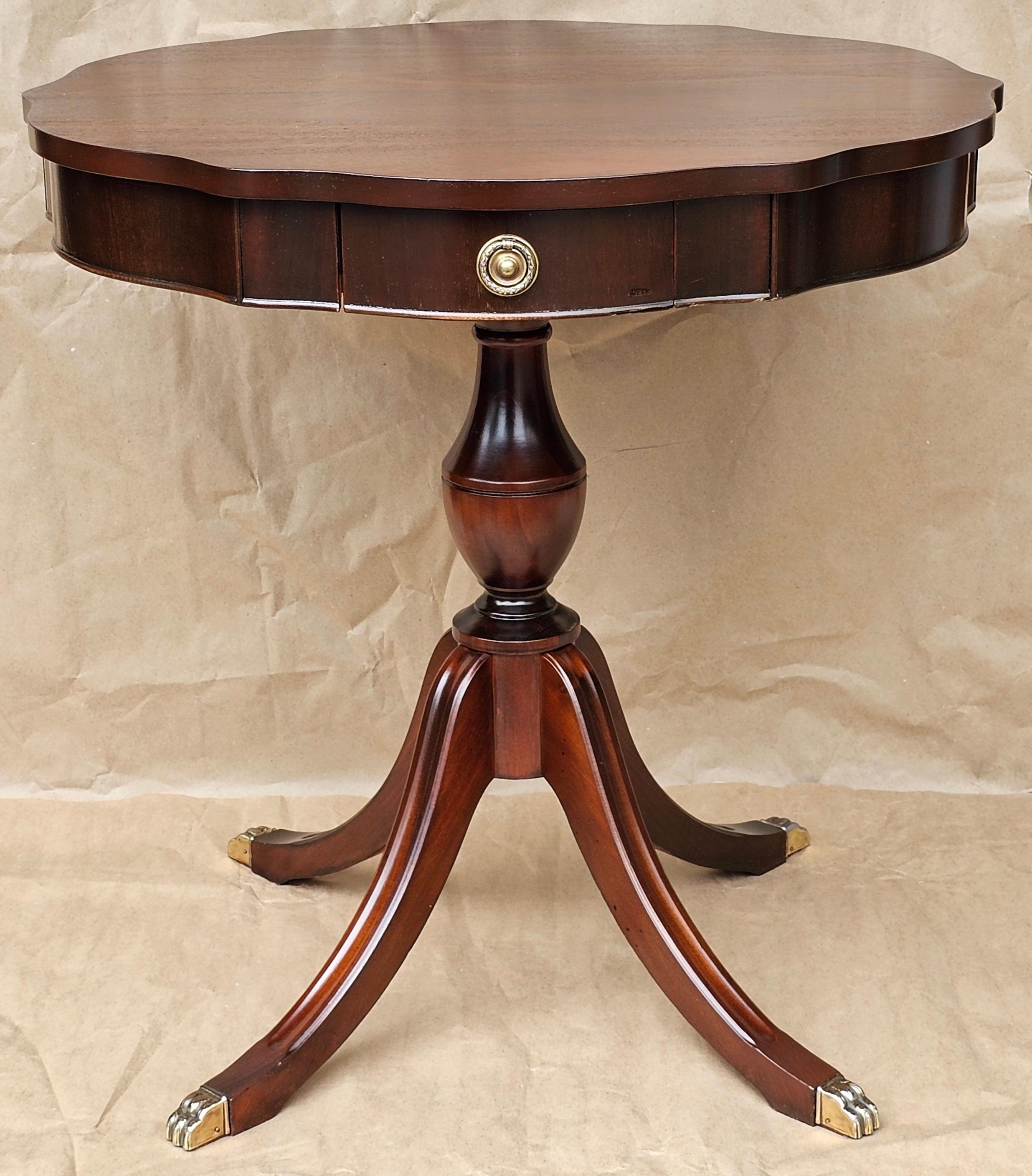 An English Georgian Style Mahogany Single Drawer Pedestal Drum Center Table.
Newly refinihed. 
Measures 28