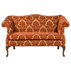 Vintage English Georgian Style Red and Gold Damask Loveseat