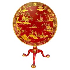 Mesa trípode basculante inglesa de estilo georgiano, lacada en rojo y chinoiserie dorada