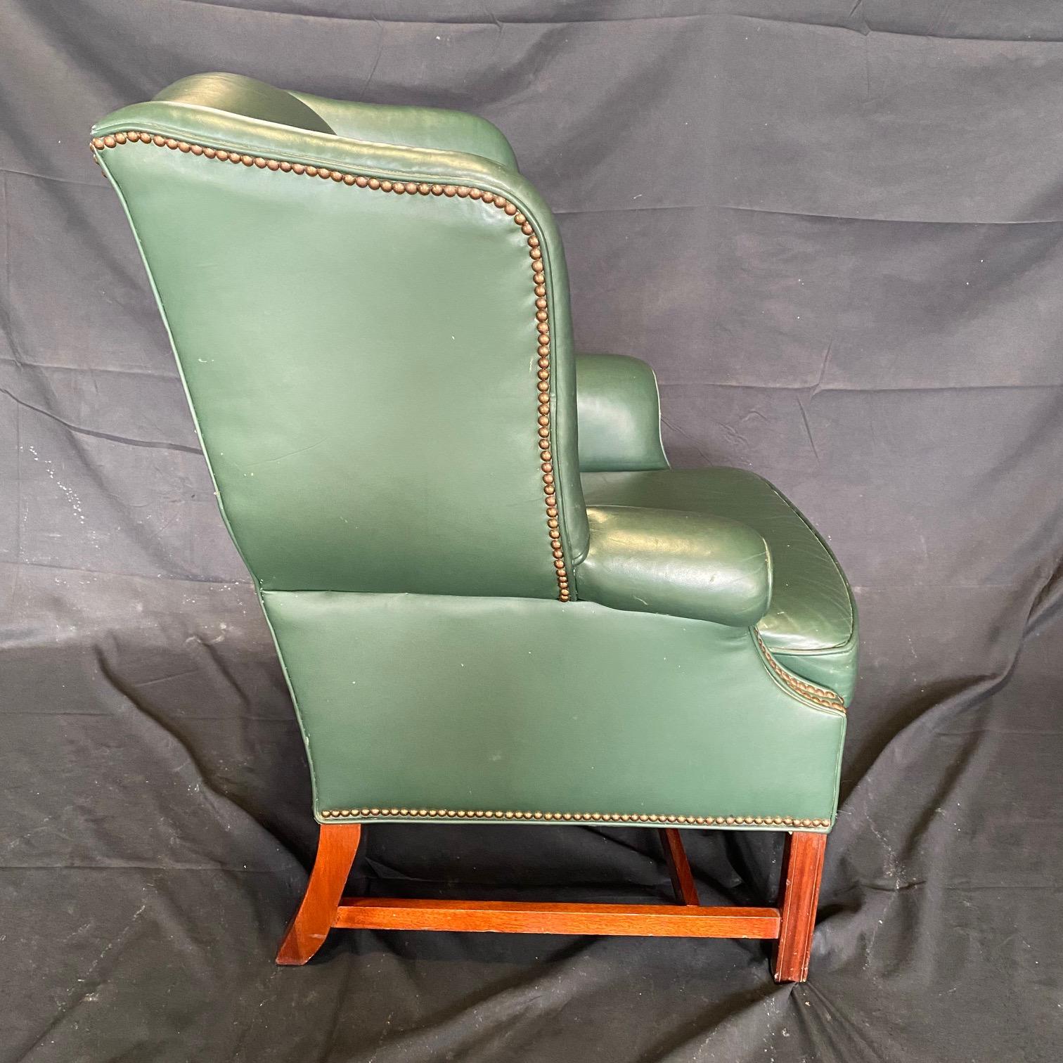 English Georgian Style Rich Hunt Green Leather Wingback Arm Chair and Ottoman 5