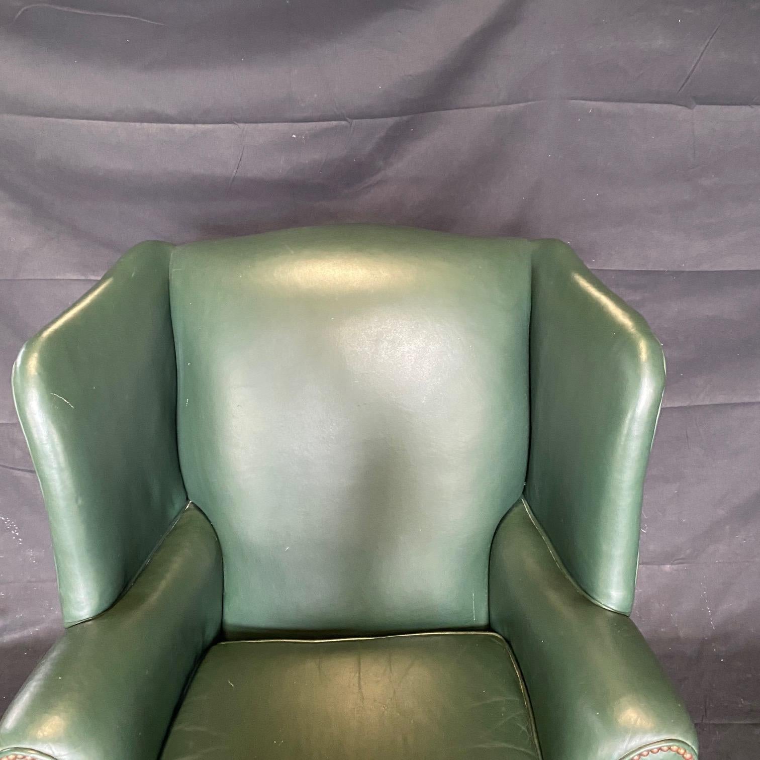 English Georgian Style Rich Hunt Green Leather Wingback Arm Chair and Ottoman 6