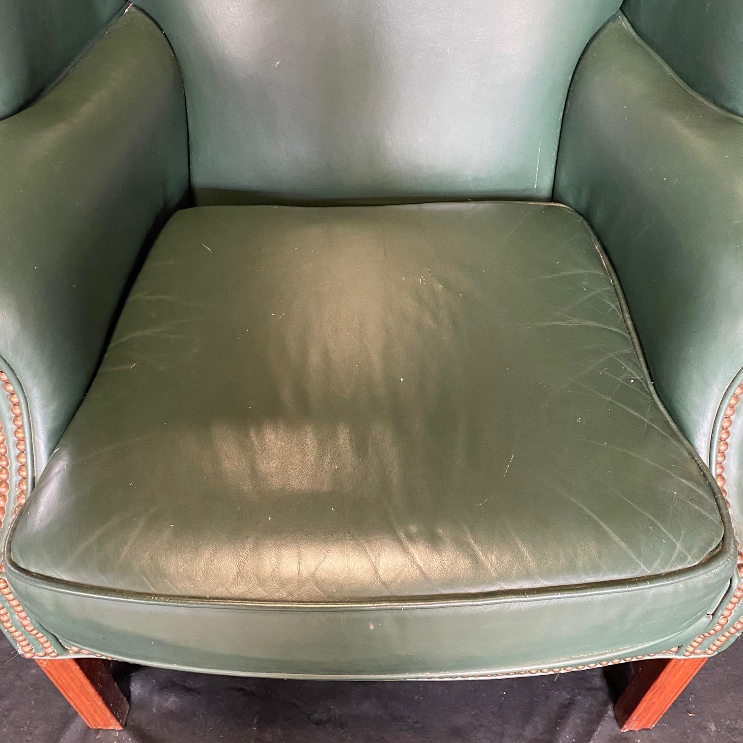 English Georgian Style Rich Hunt Green Leather Wingback Arm Chair and Ottoman 6