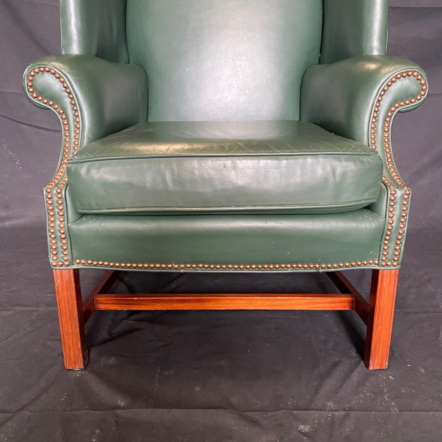 English Georgian Style Rich Hunt Green Leather Wingback Arm Chair and Ottoman 8