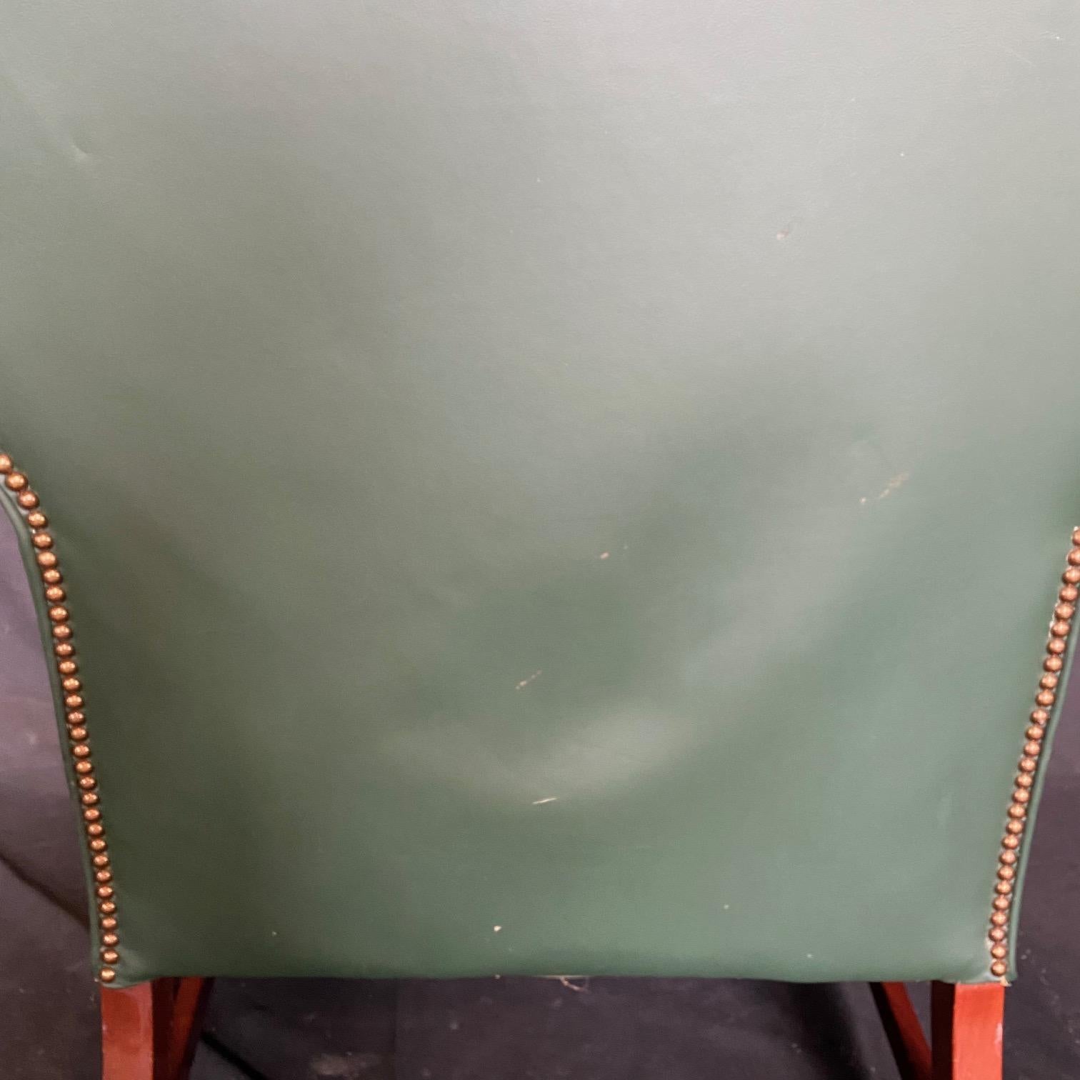 Mid-20th Century English Georgian Style Rich Hunt Green Leather Wingback Arm Chair and Ottoman