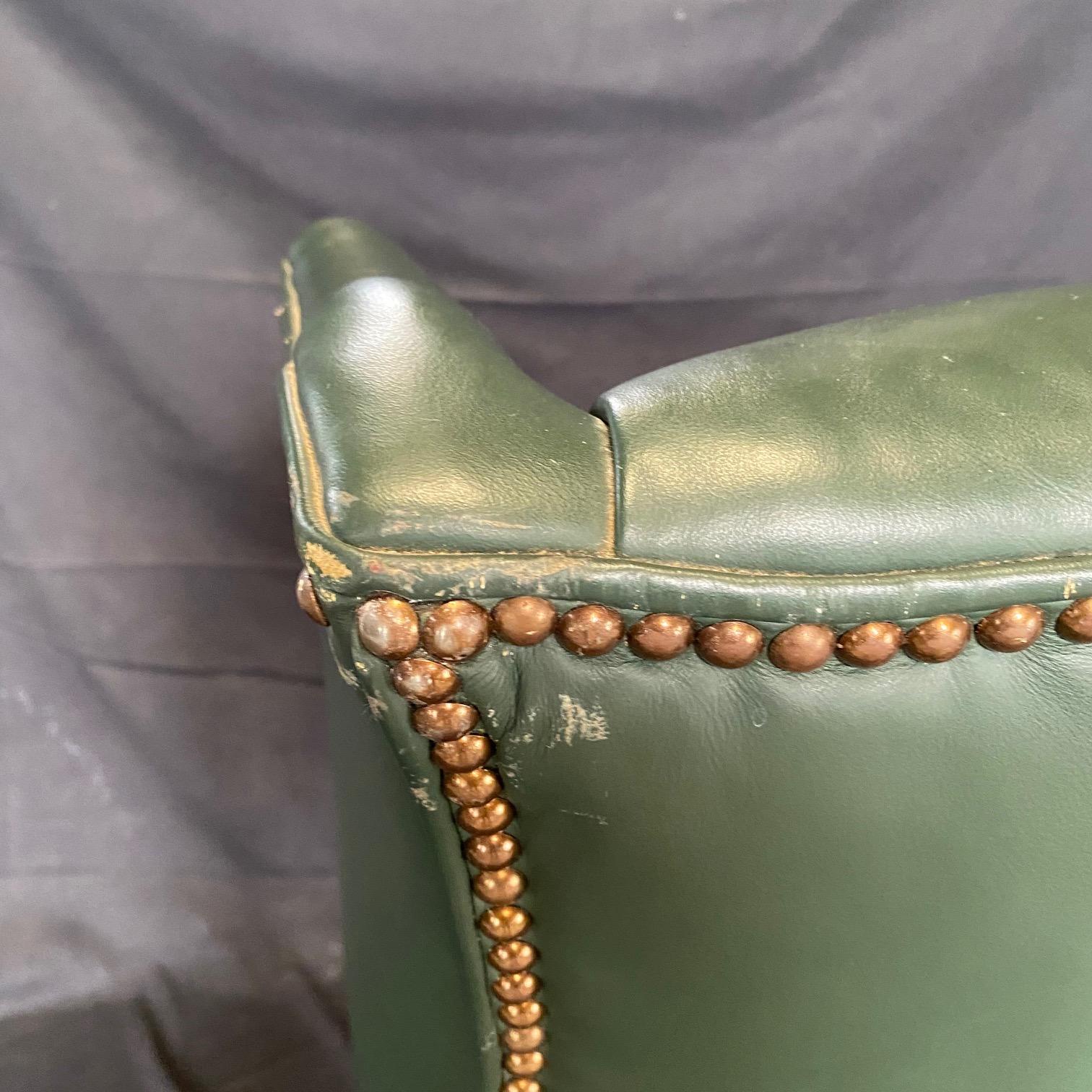 English Georgian Style Rich Hunt Green Leather Wingback Arm Chair and Ottoman 1