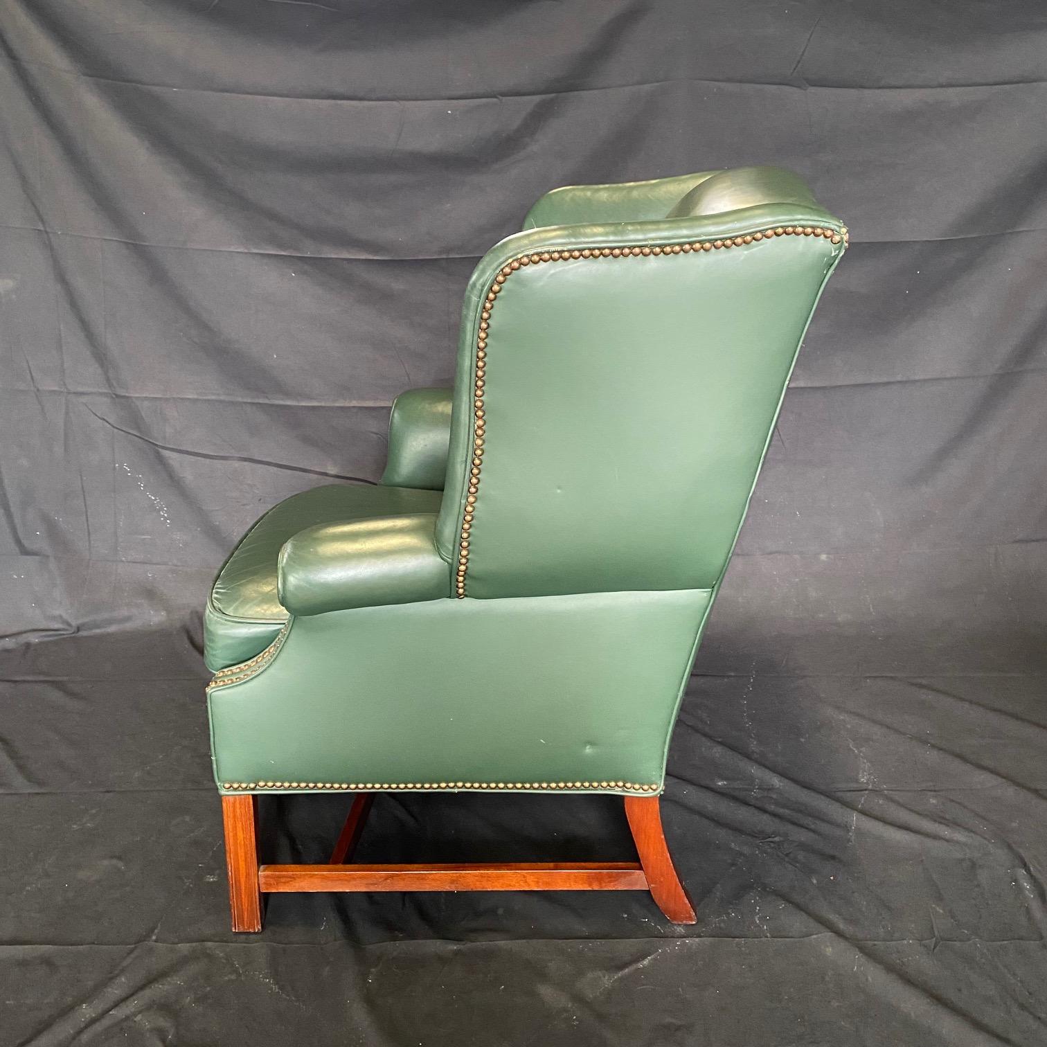 English Georgian Style Rich Hunt Green Leather Wingback Arm Chair and Ottoman 3