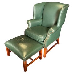 English Georgian Style Rich Hunt Green Leather Wingback Arm Chair and Ottoman