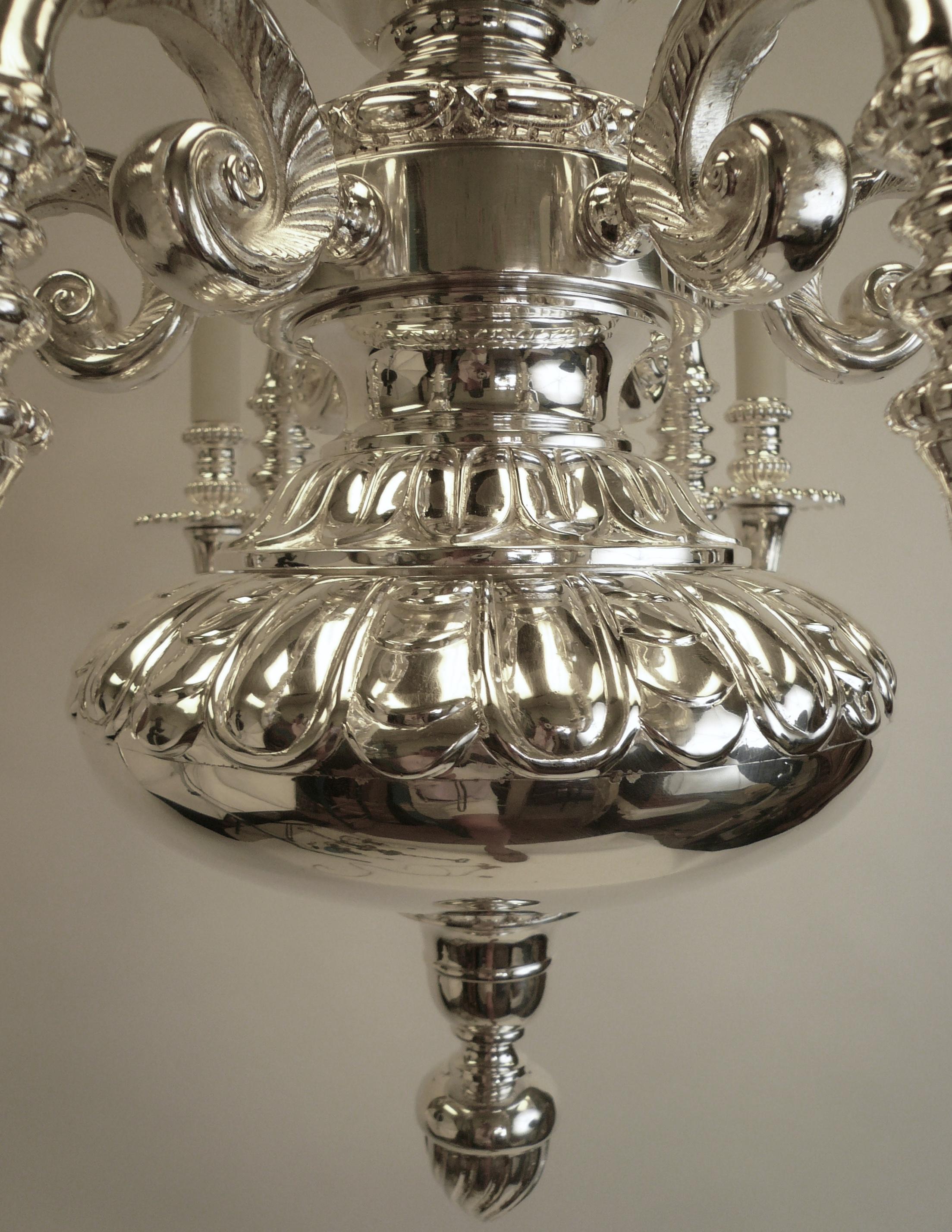 English Georgian Style Silver Plated Bronze Chandelier by E. F. Caldwell 2