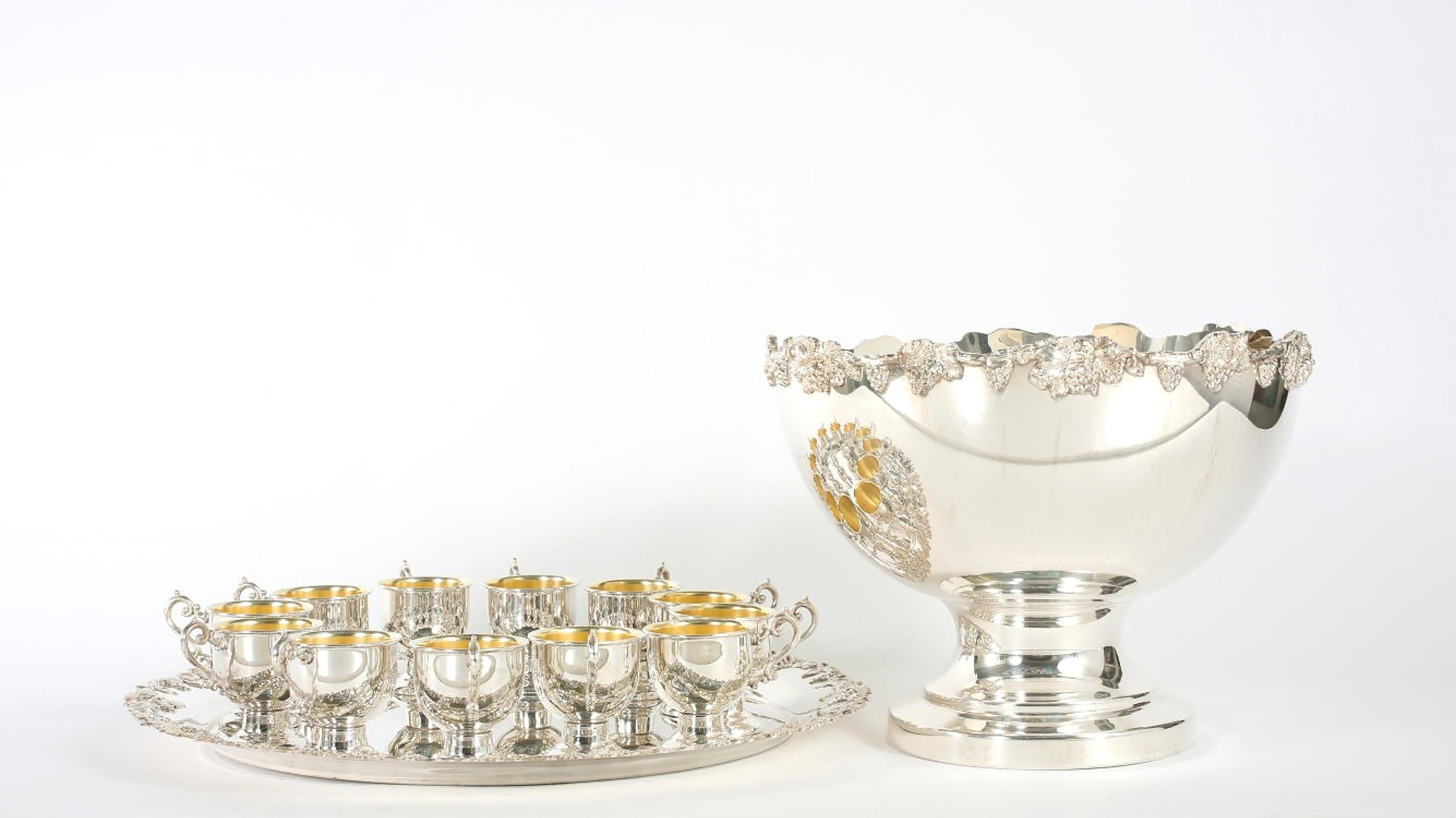English Georgian Style Silver Plated / Copper 15 Piece Punch Bowl Service 6