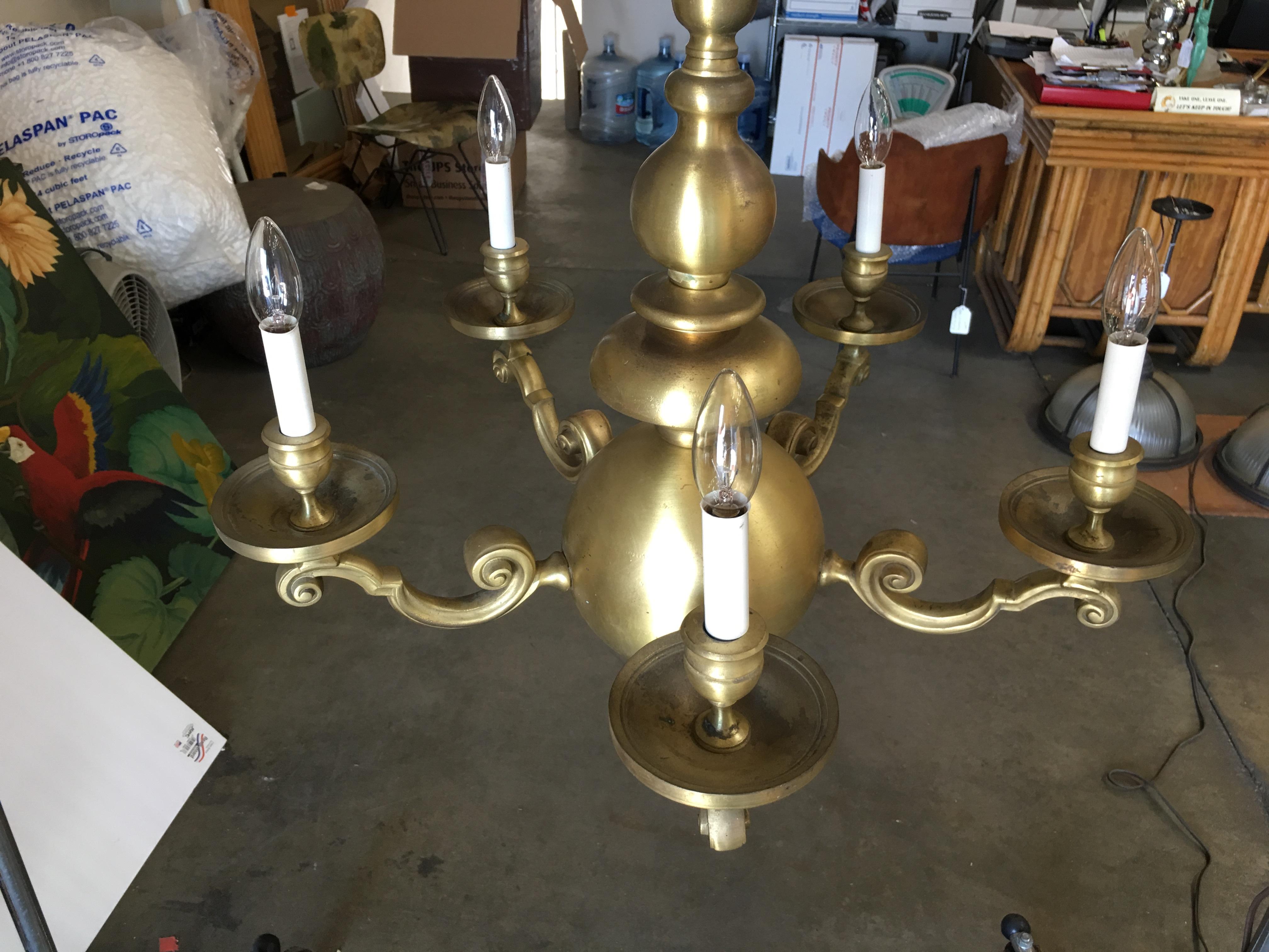 American English Georgian Style Solid Brass 5-Arm Chandelier For Sale
