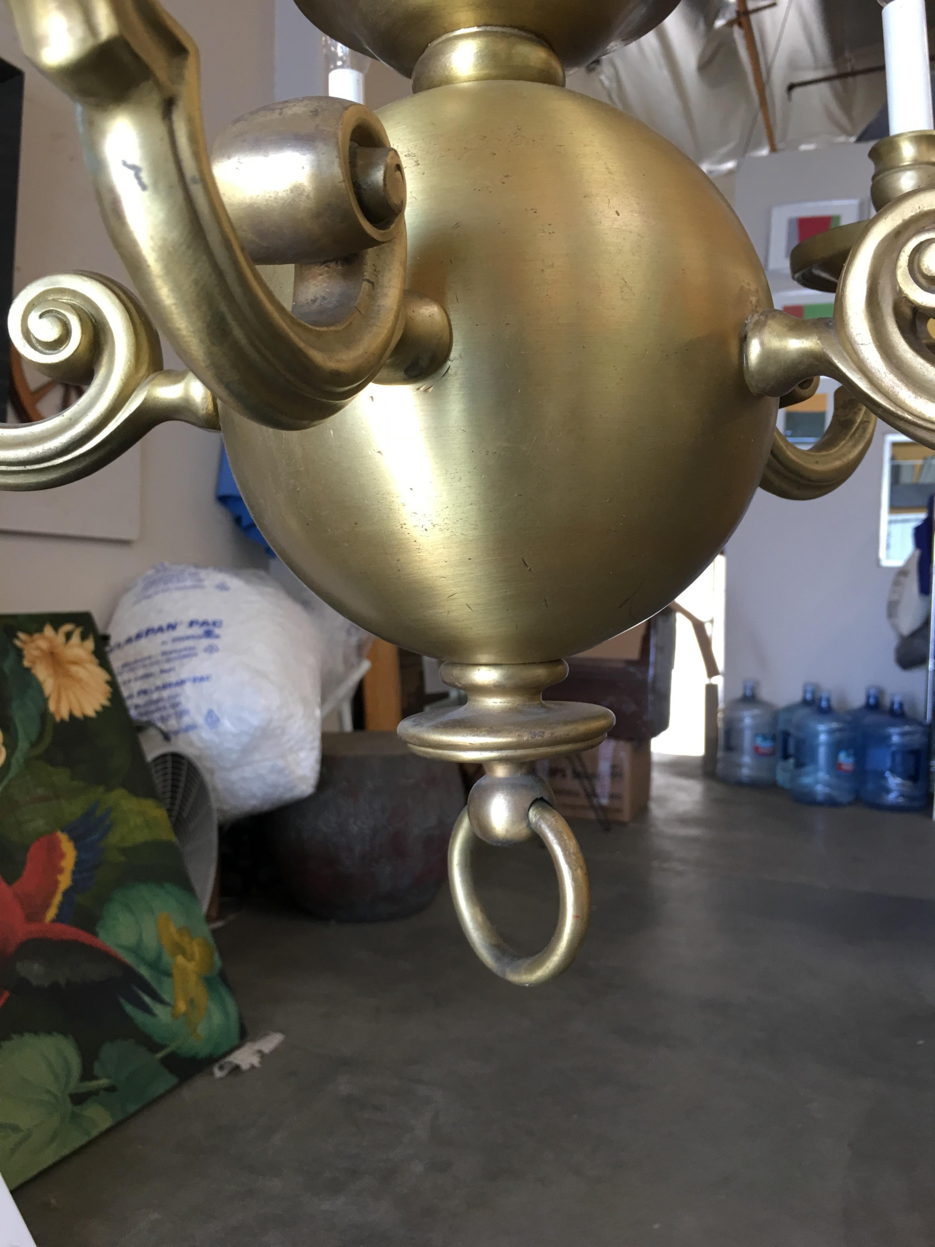 English Georgian Style Solid Brass 5-Arm Chandelier In Excellent Condition For Sale In Van Nuys, CA