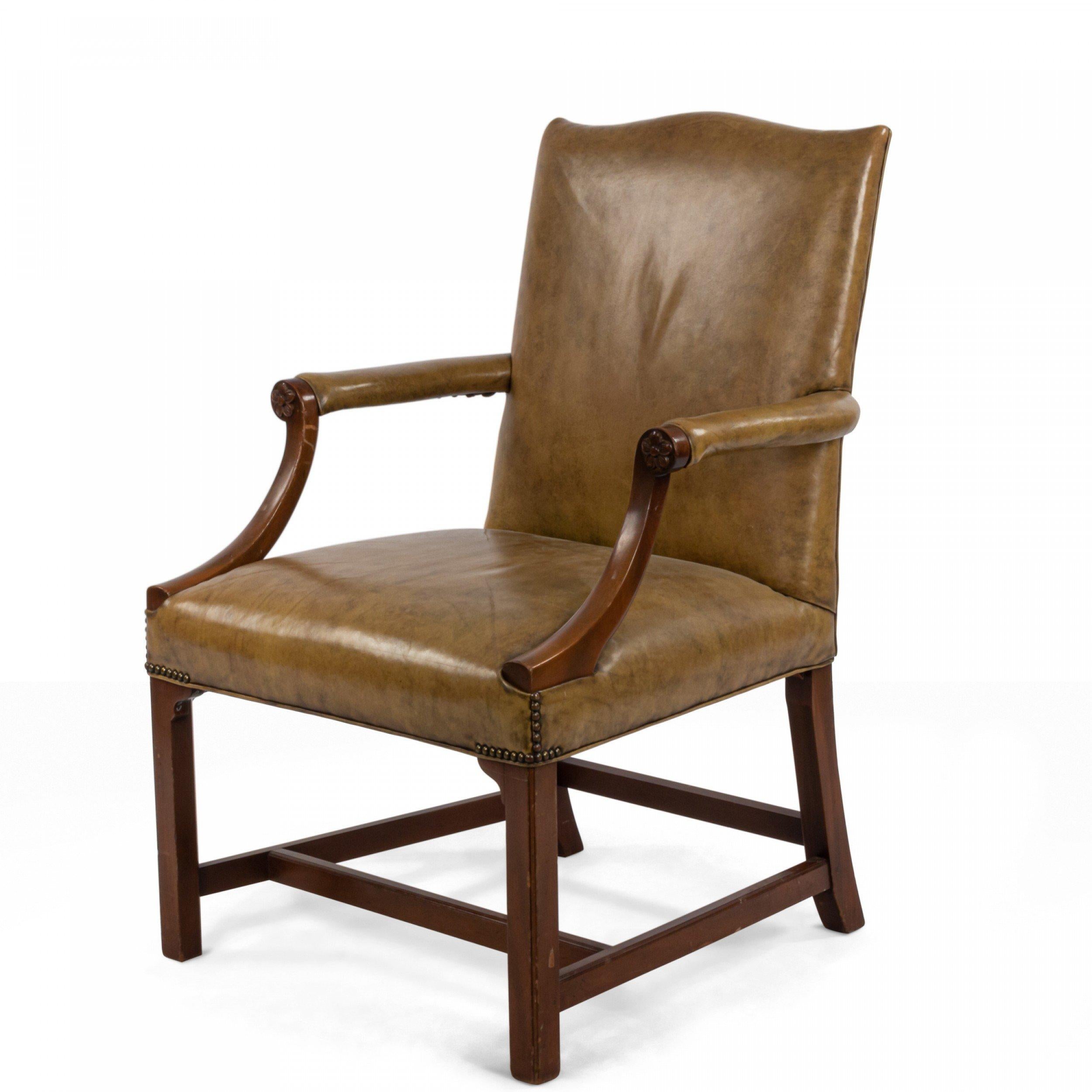 Mission English Georgian Style Tan Leather Armchair with Brass Rivets For Sale