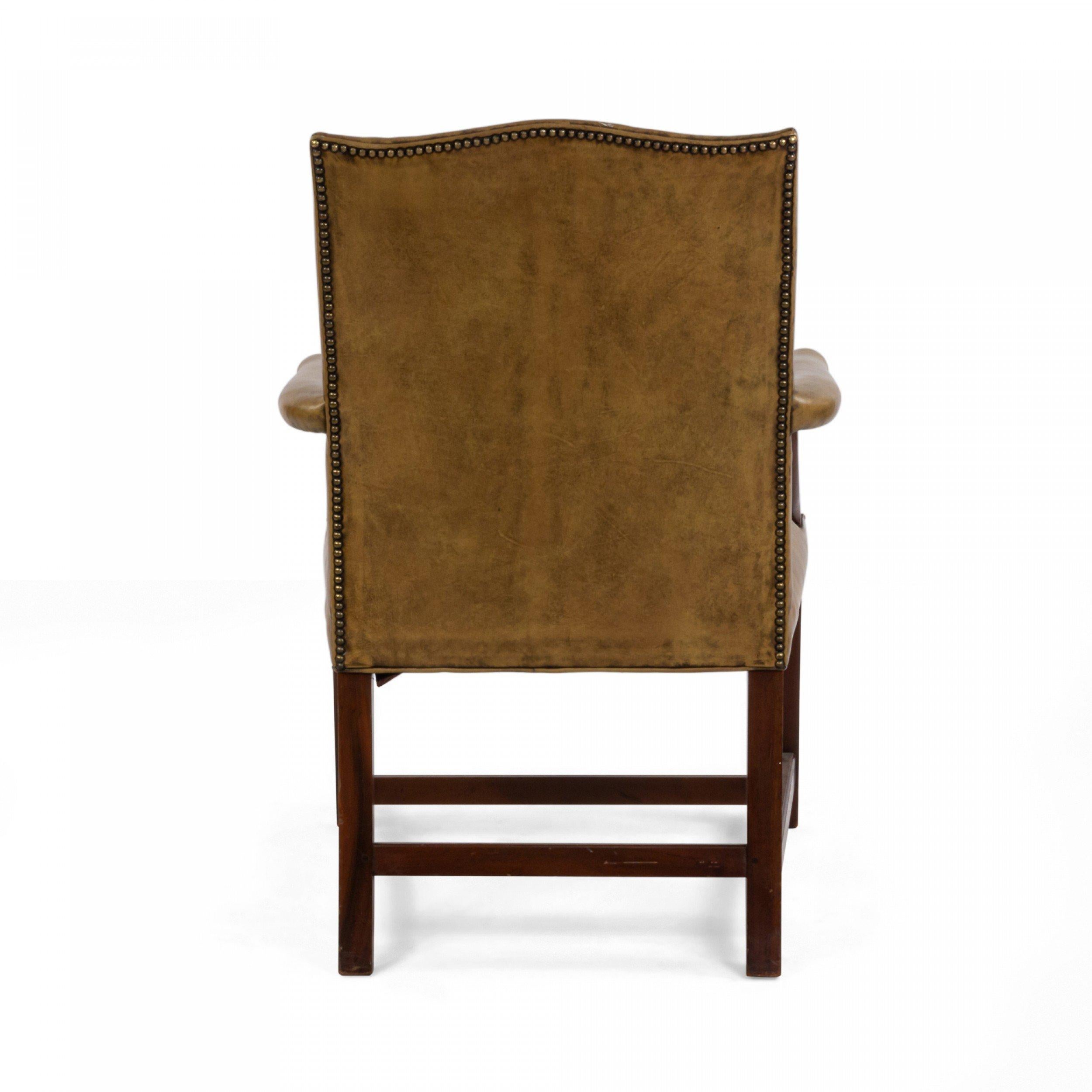 20th Century English Georgian Style Tan Leather Armchair with Brass Rivets For Sale