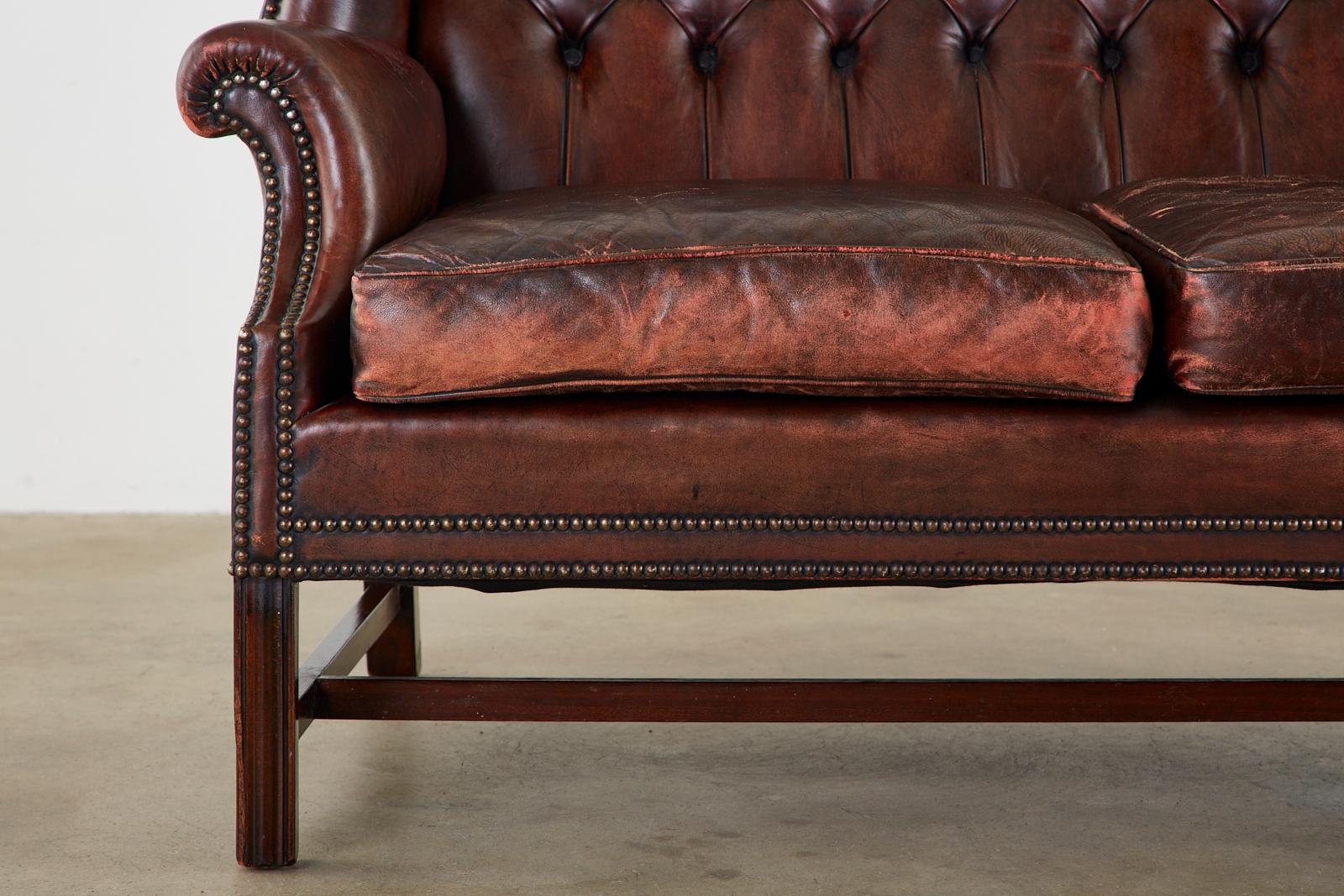 English Georgian Style Tufted Leather Chesterfield Wingback Settee 1