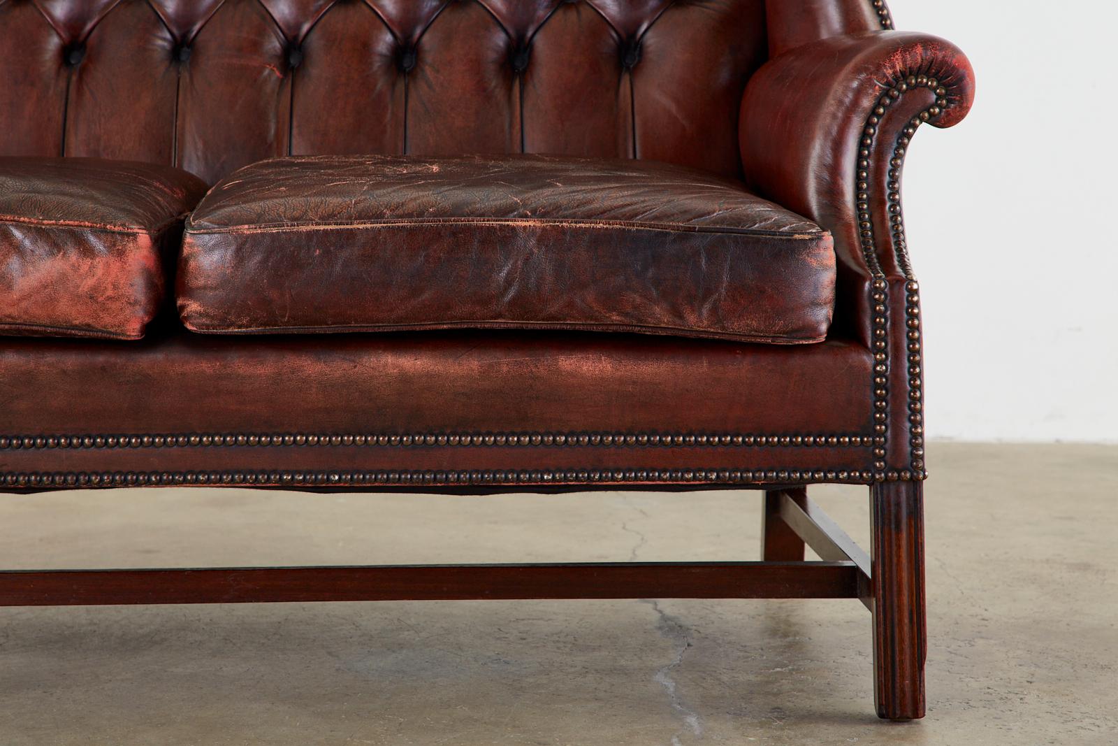 English Georgian Style Tufted Leather Chesterfield Wingback Settee 2