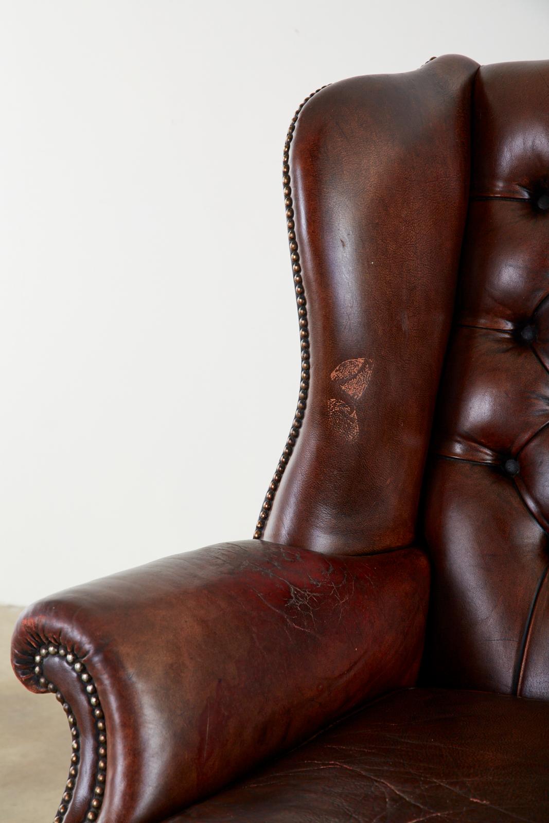 English Georgian Style Tufted Leather Chesterfield Wingback Settee 3
