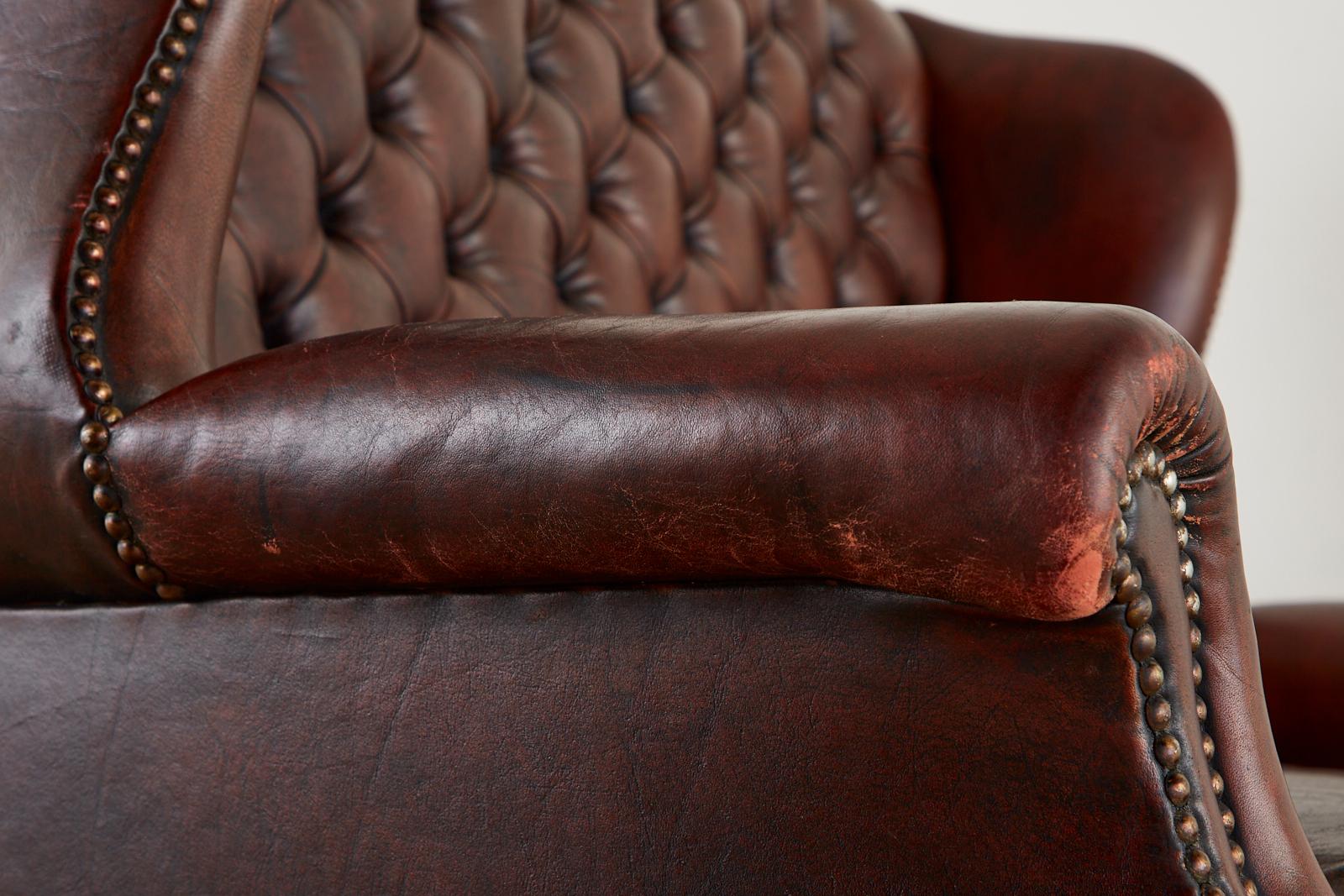 English Georgian Style Tufted Leather Chesterfield Wingback Settee 9